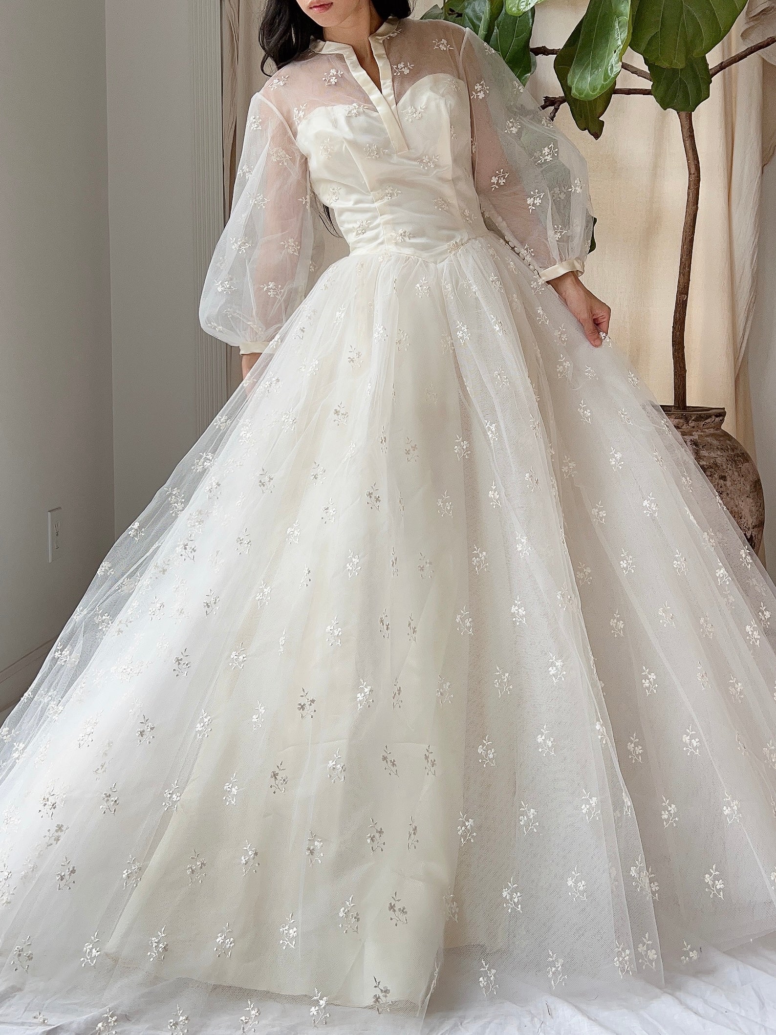 1950s Tulle Puff Sleeve Embroidered Dress - XS