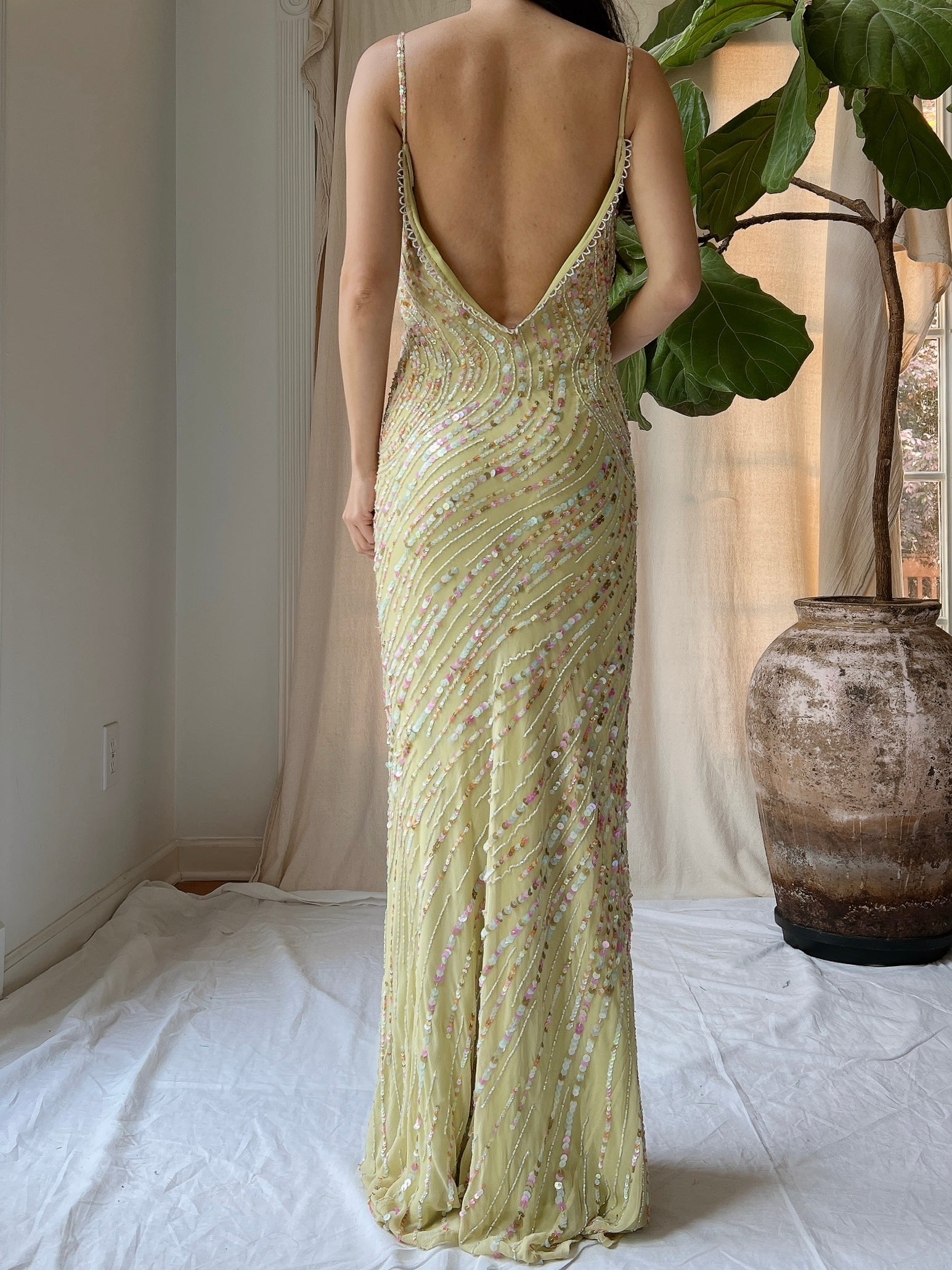 Vintage Chartreuse Silk Beaded Gown - M/L