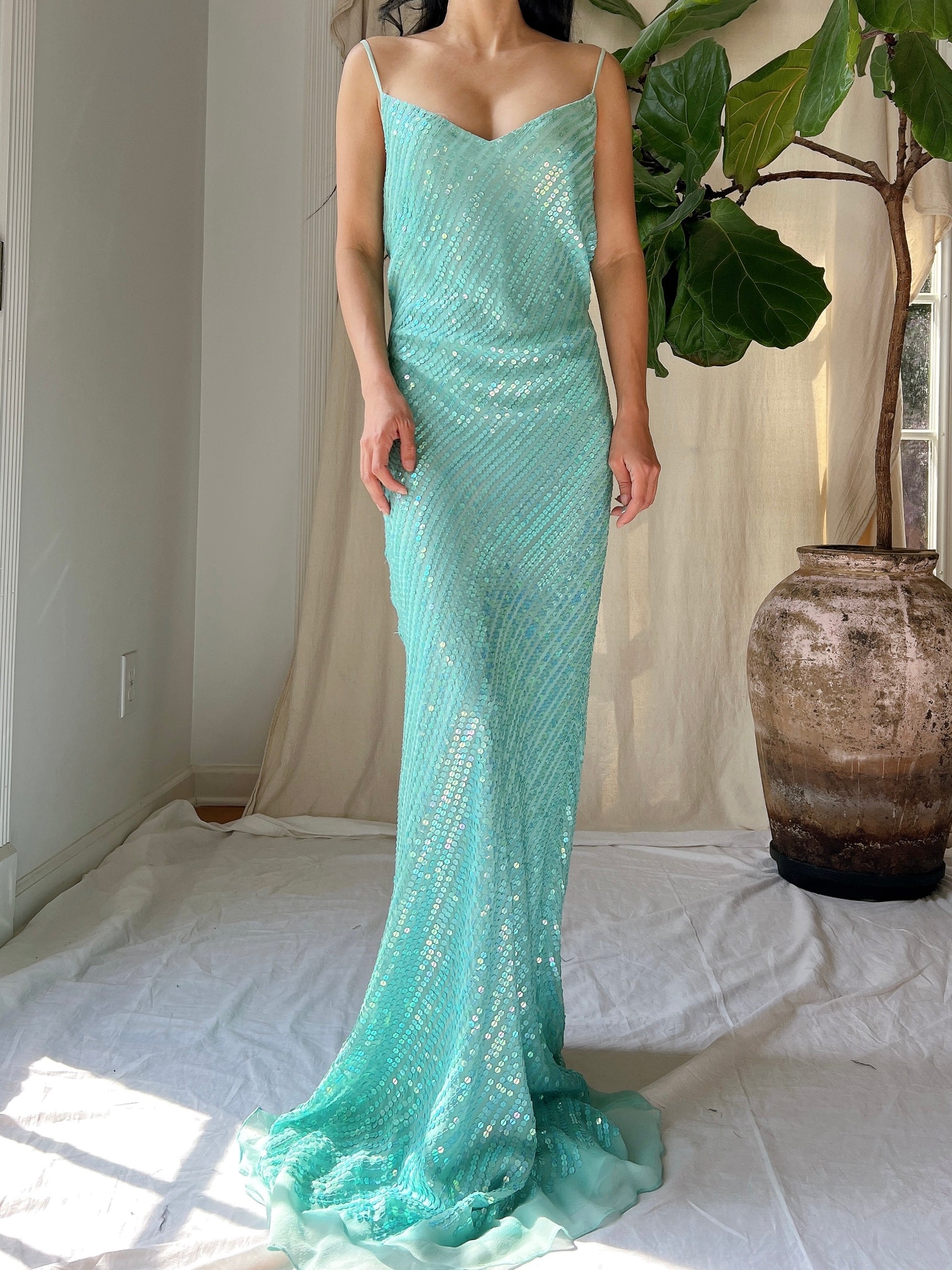 Vintage Silk Sequins Bias Cut Gown - M/L