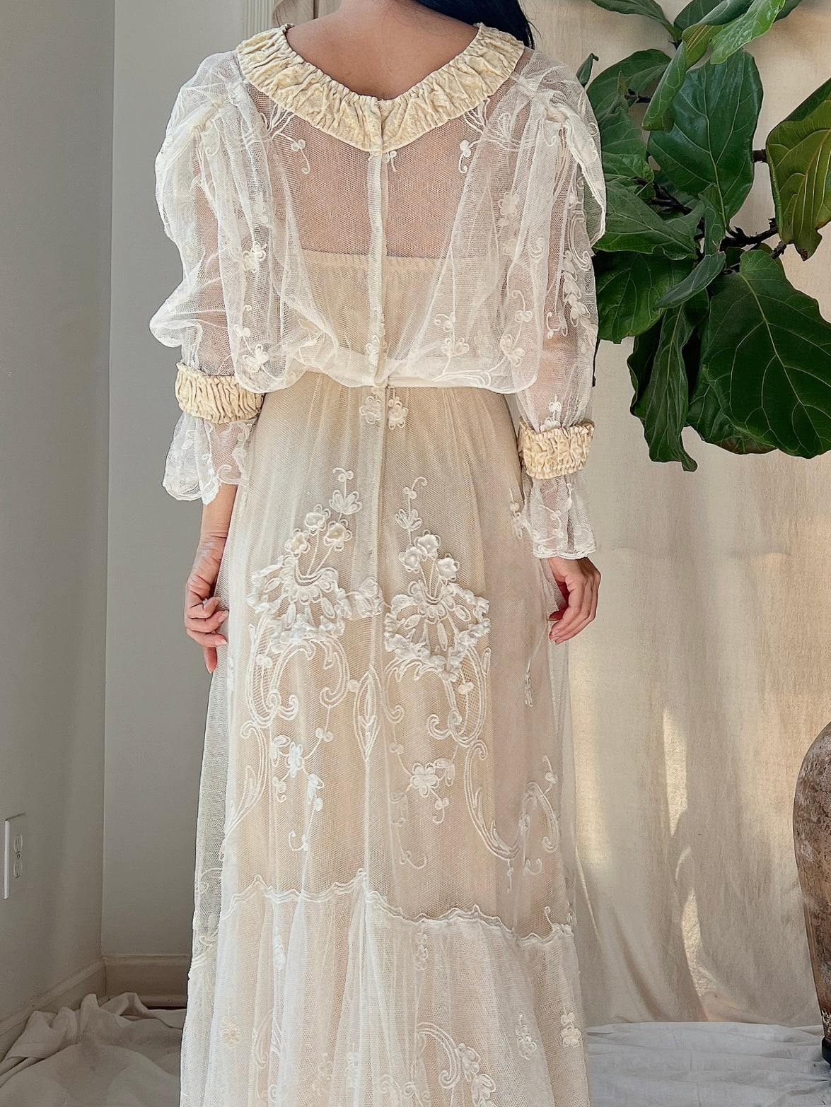 Antique Tambour Cotton Lace Gown - XS