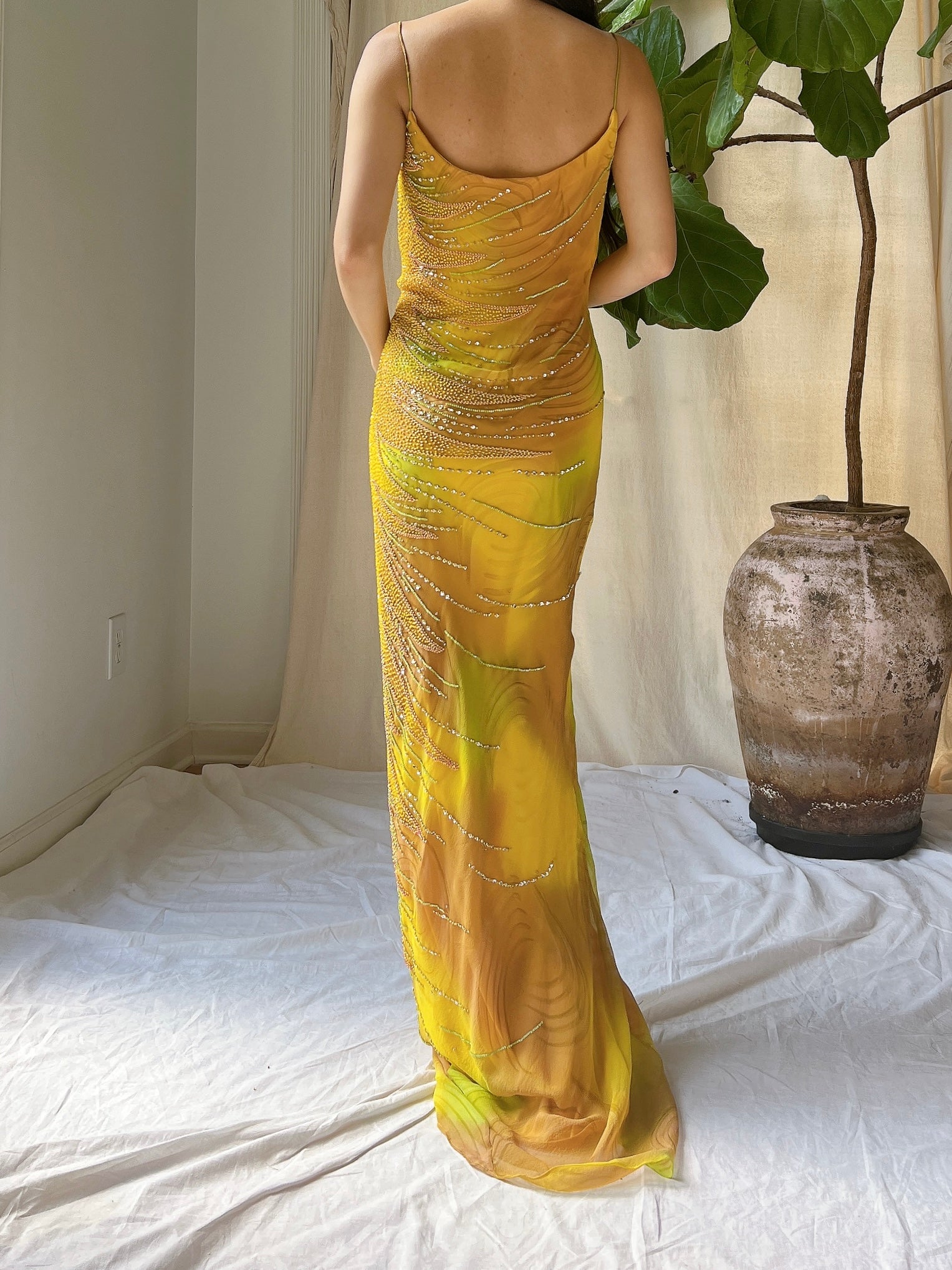 Y2K Silk Chiffon Beaded Gown - L