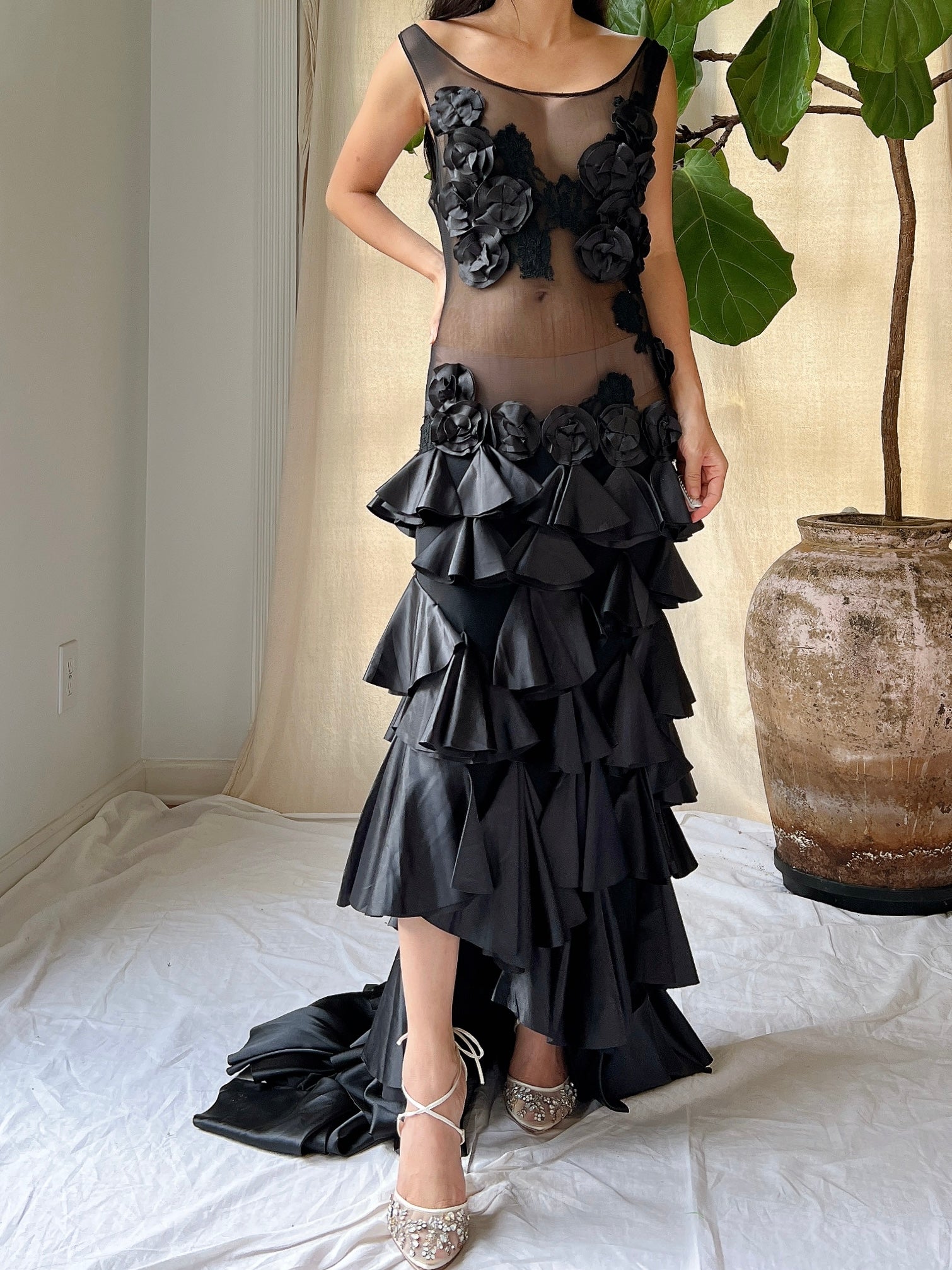 Vintage Sheer Satin Hi-Low Dress - L