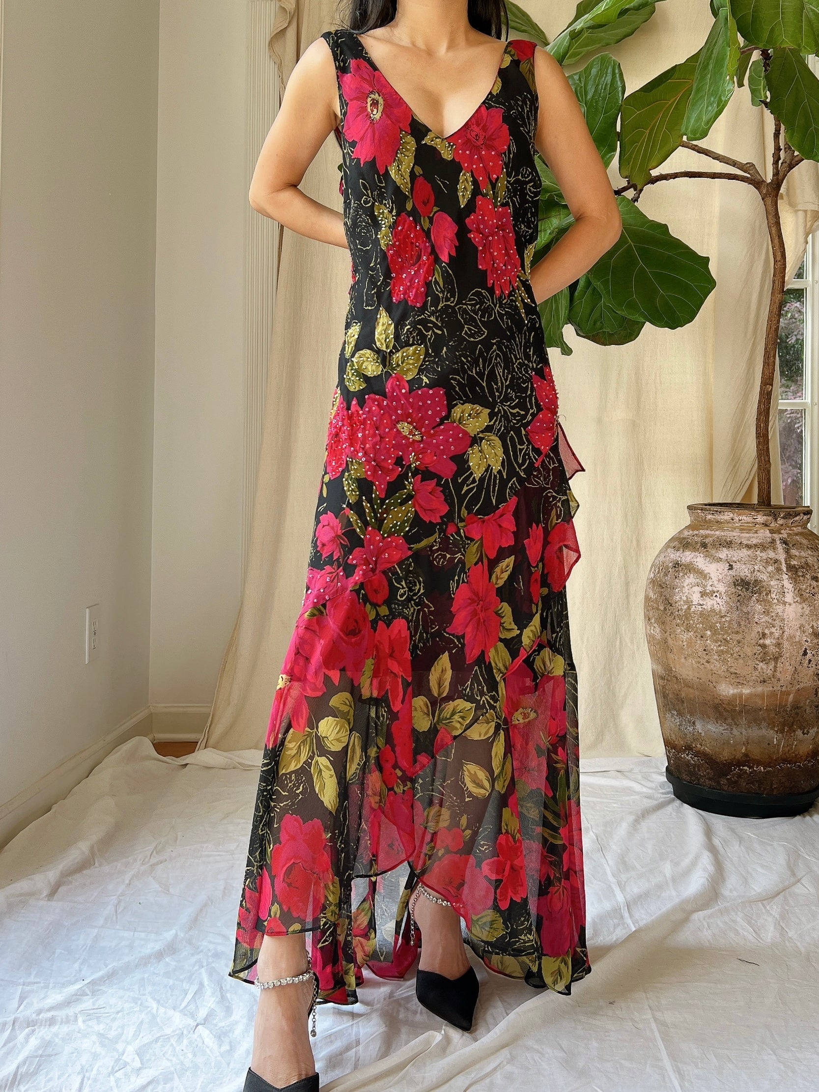 1980s Silk Chiffon Floral Dress - M