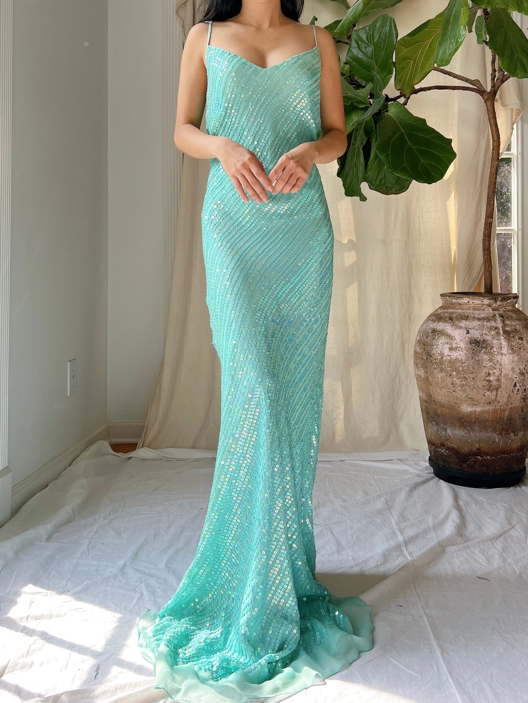 Vintage Silk Sequins Bias Cut Gown - M/L