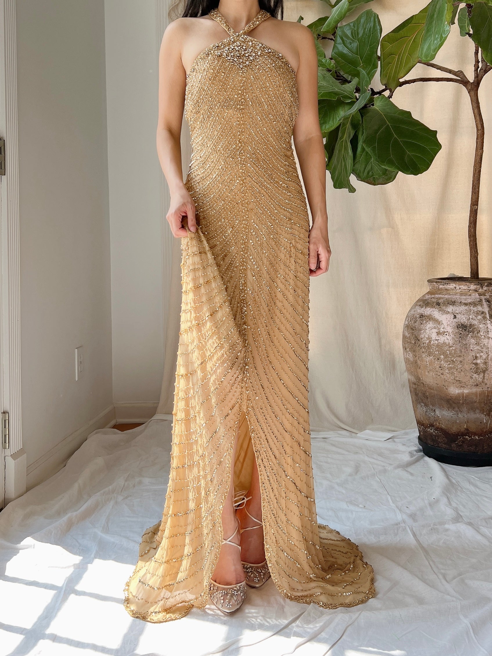 Vintage Gold Silk Beaded Halter Gown - L