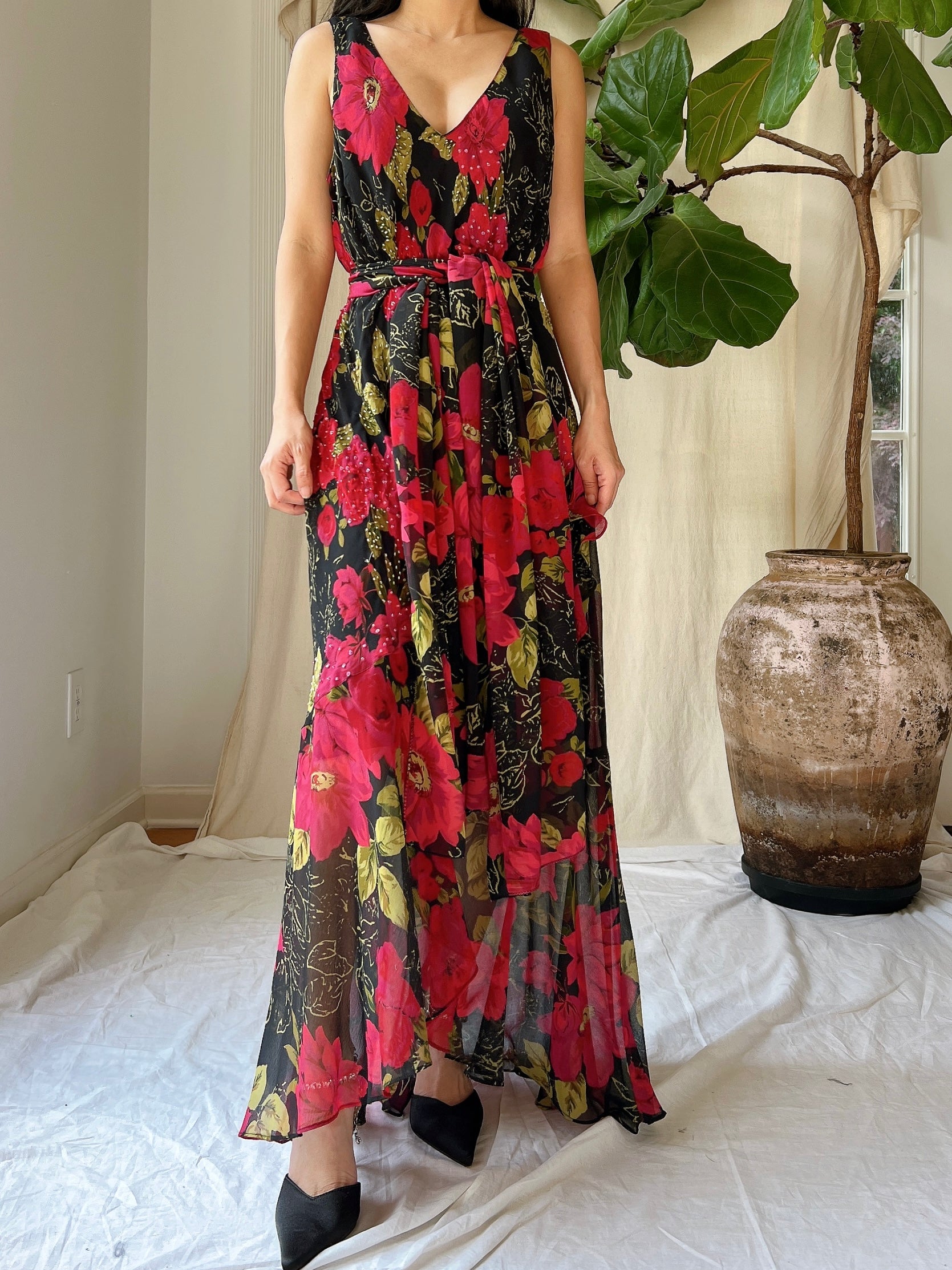 1980s Silk Chiffon Floral Dress - M