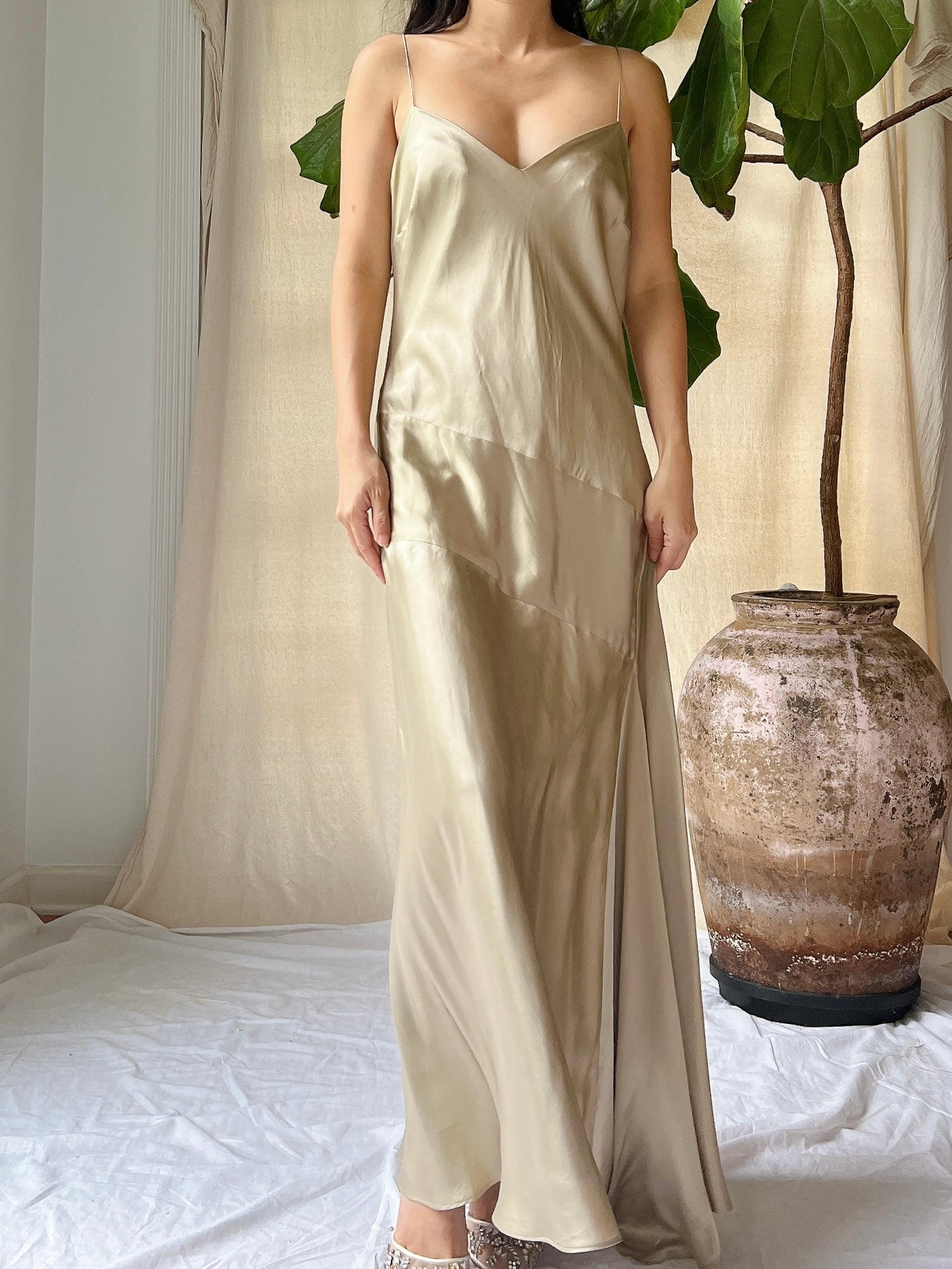 Vintage Light Brown Silk Bias Gown - M/L