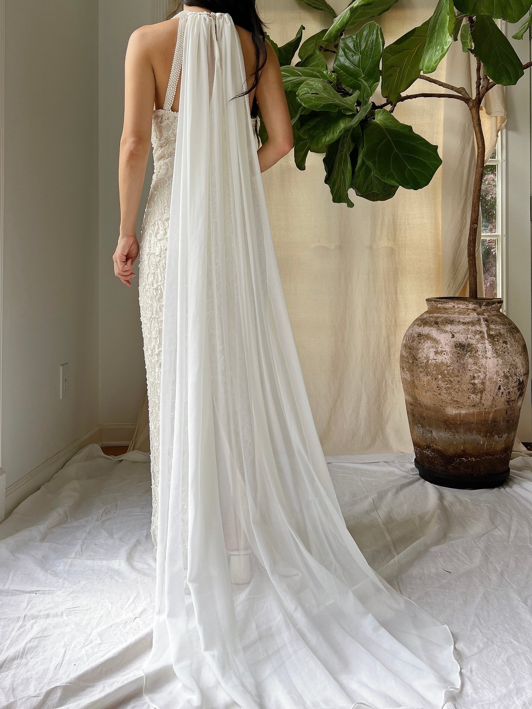 Vintage Lace Pearl Beaded Halter Dress - M