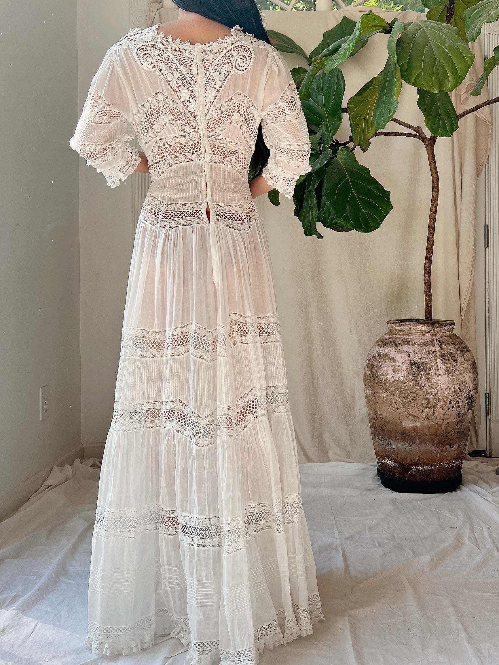 Antique Cotton Pintucked Dress - S