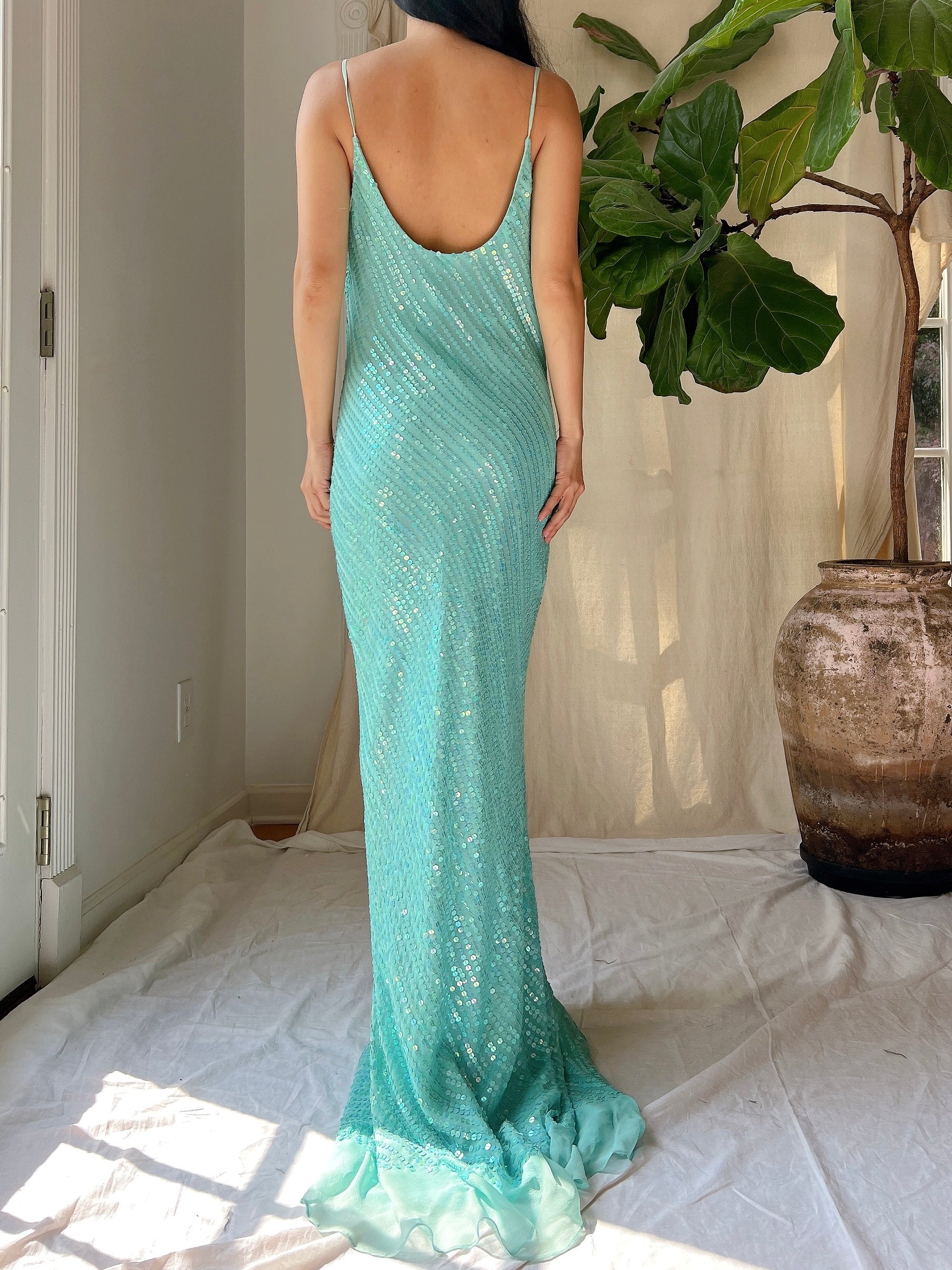 Vintage Silk Sequins Bias Cut Gown - M/L