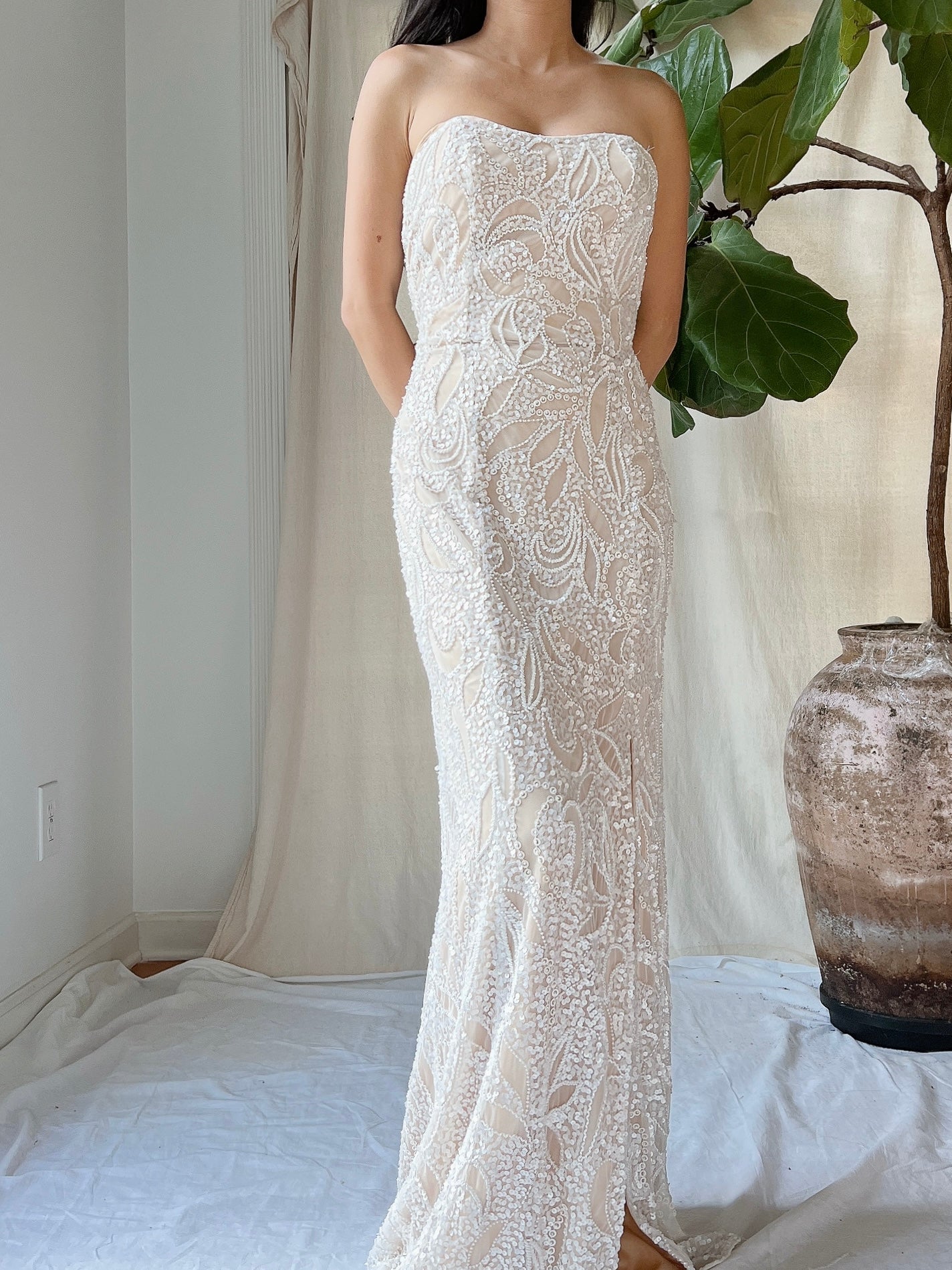 Y2K Ivory/Nude Beaded Gown - S