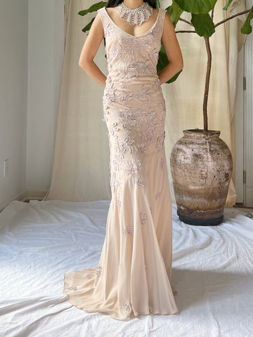 Vintage Silk Dusty Rose Applique Gown - M