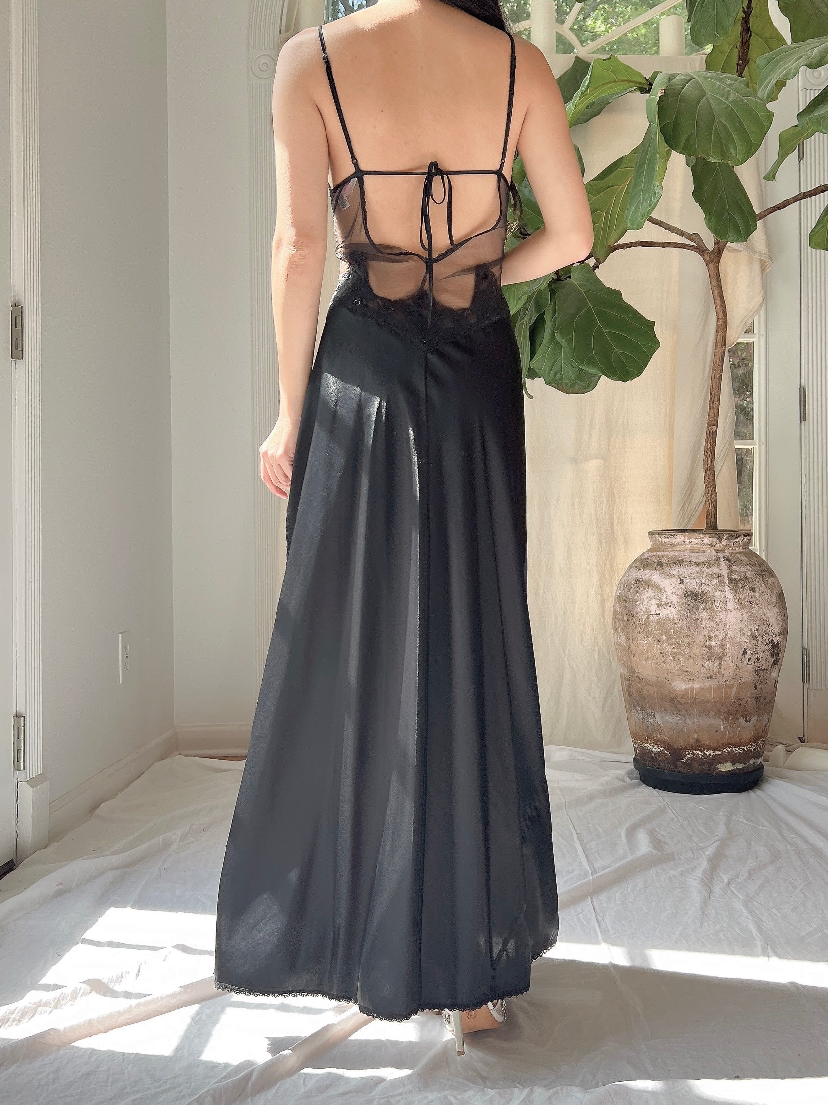 Vintage Black Satin Slip Dress - M