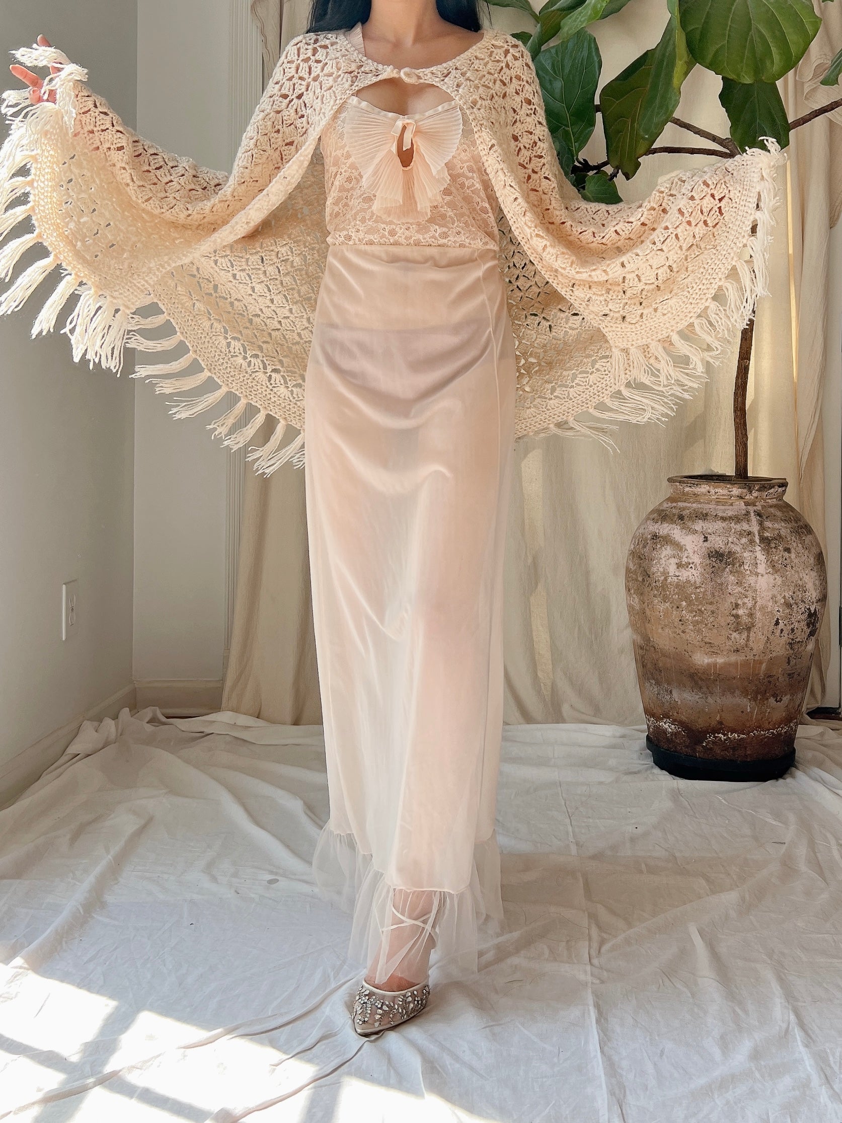 Vintage Crochet Cape Shawl - OSFM