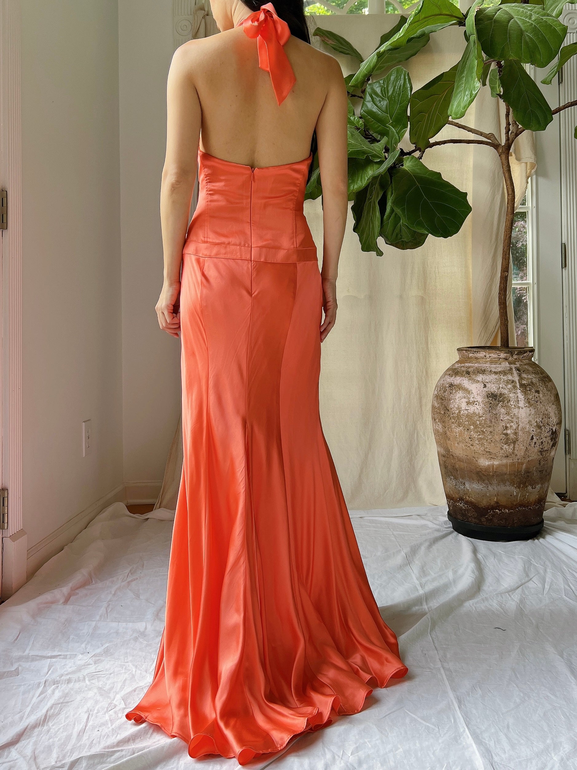 Vintage Silk Coral Plunge Gown - M