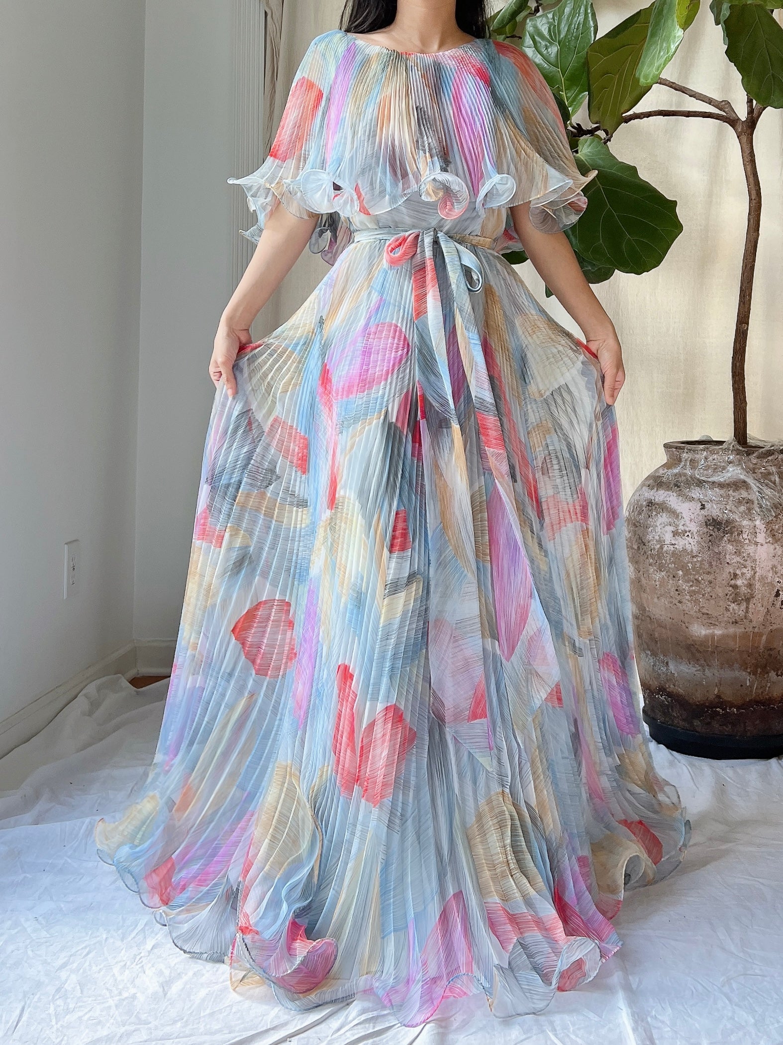 Vintage Pleated Abstract Dress - M