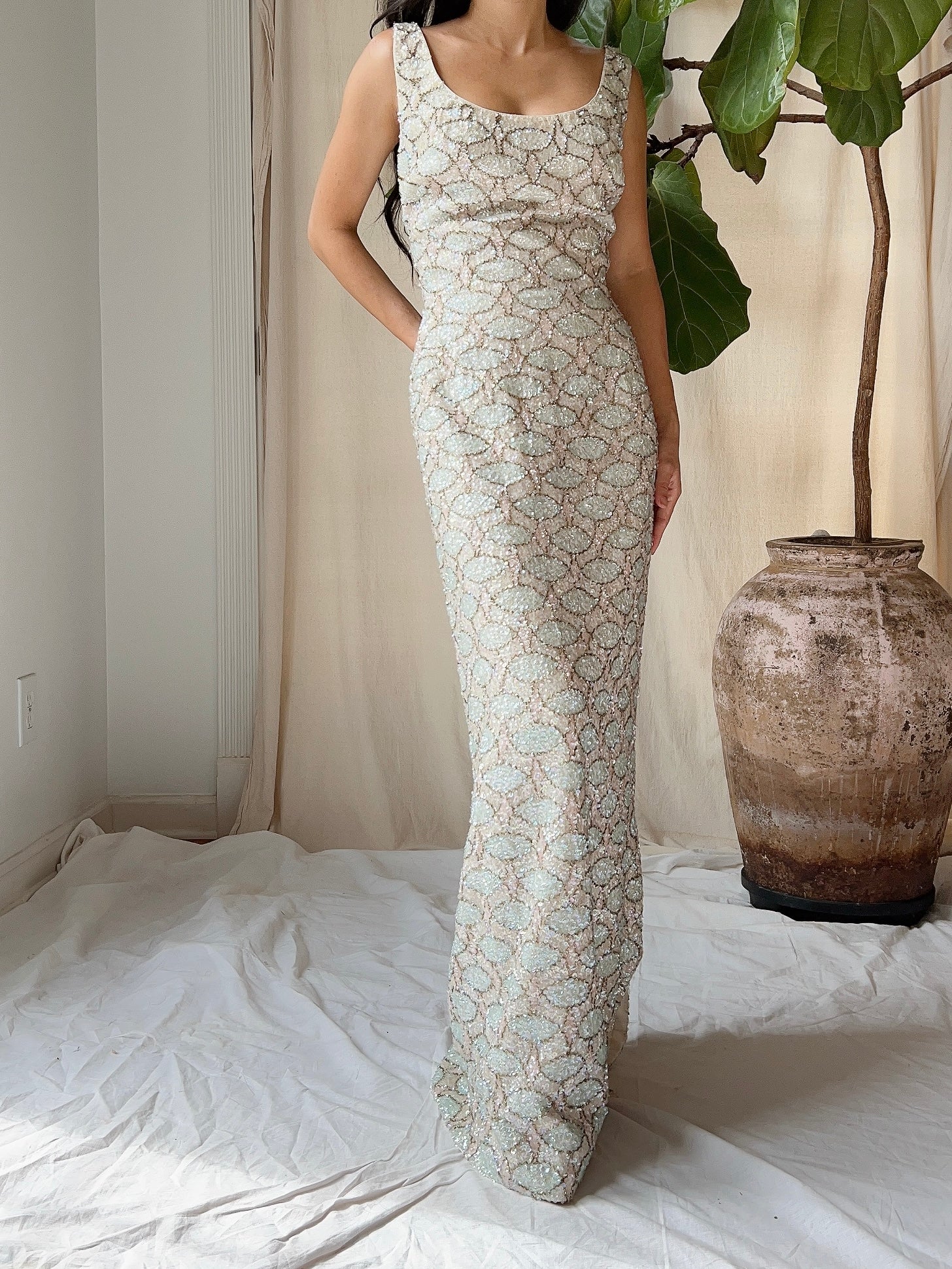 1960s Bruce Arnold Hand-Beaded Sequins Gown - M
