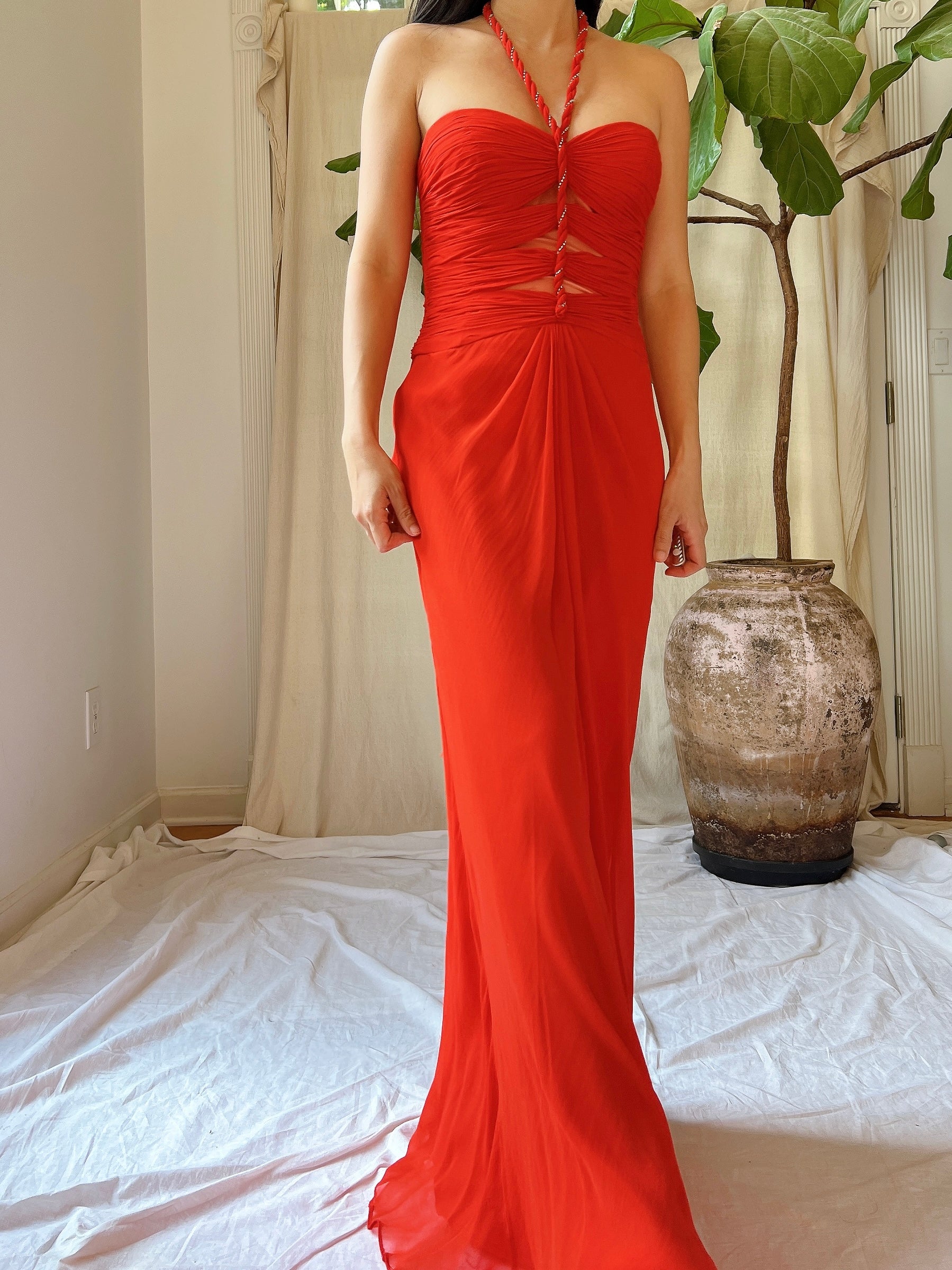 Vintage Silk Coral Cutout Bodice Gown - XS