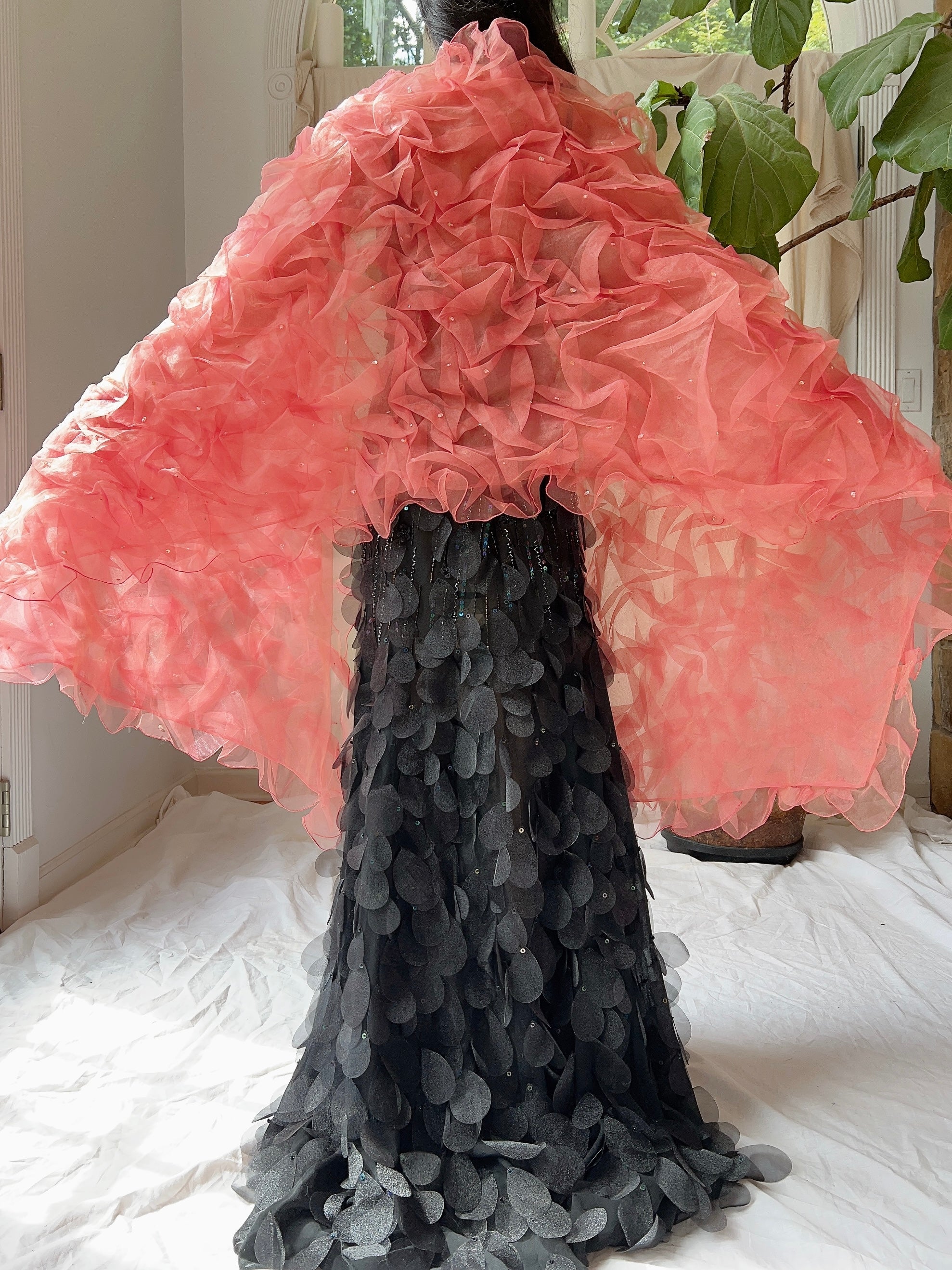 Vintage Organza Coral Ruche Shawl - OSFA