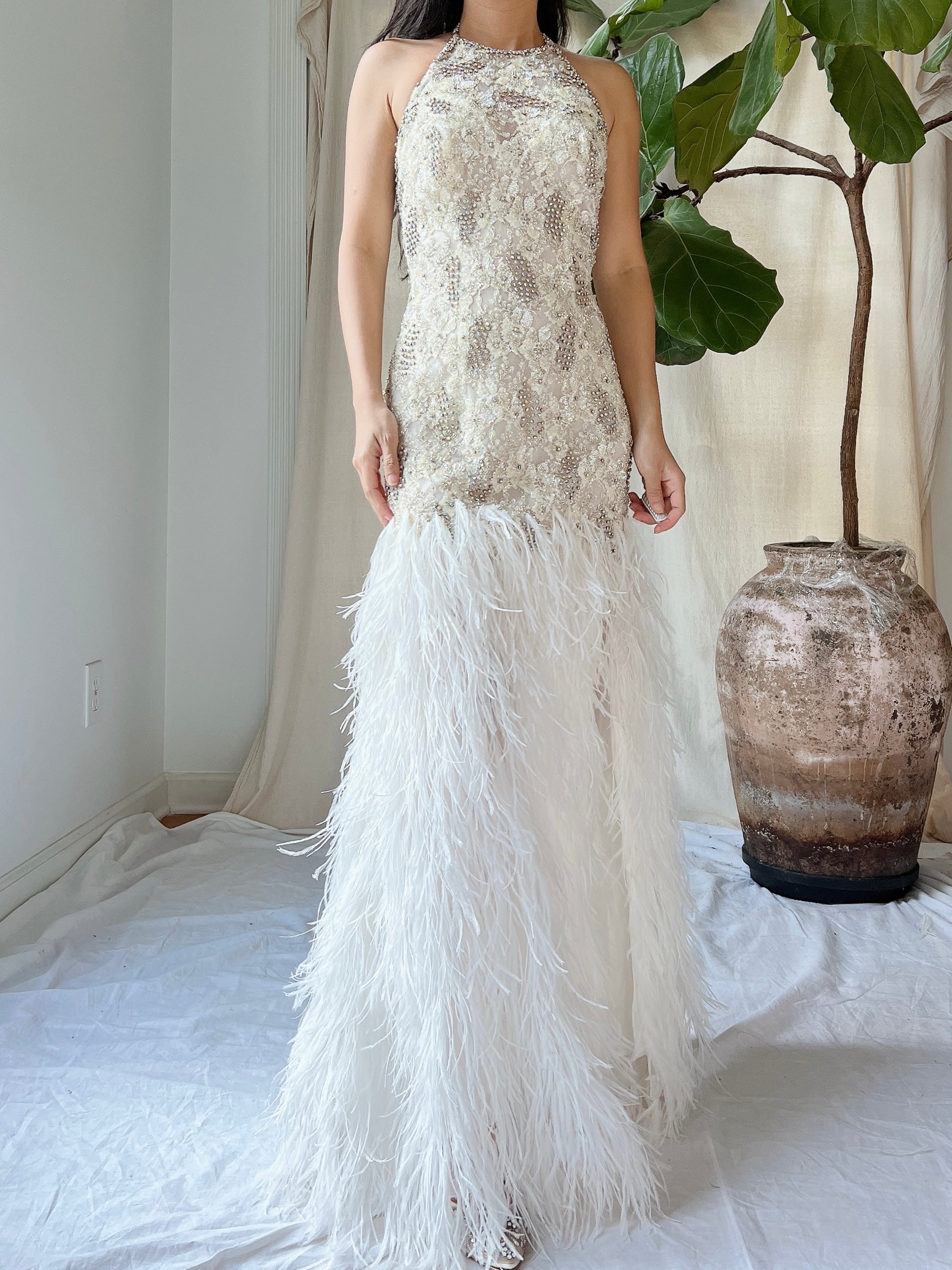 1990s Crystal Lace and Feather Gown - XS