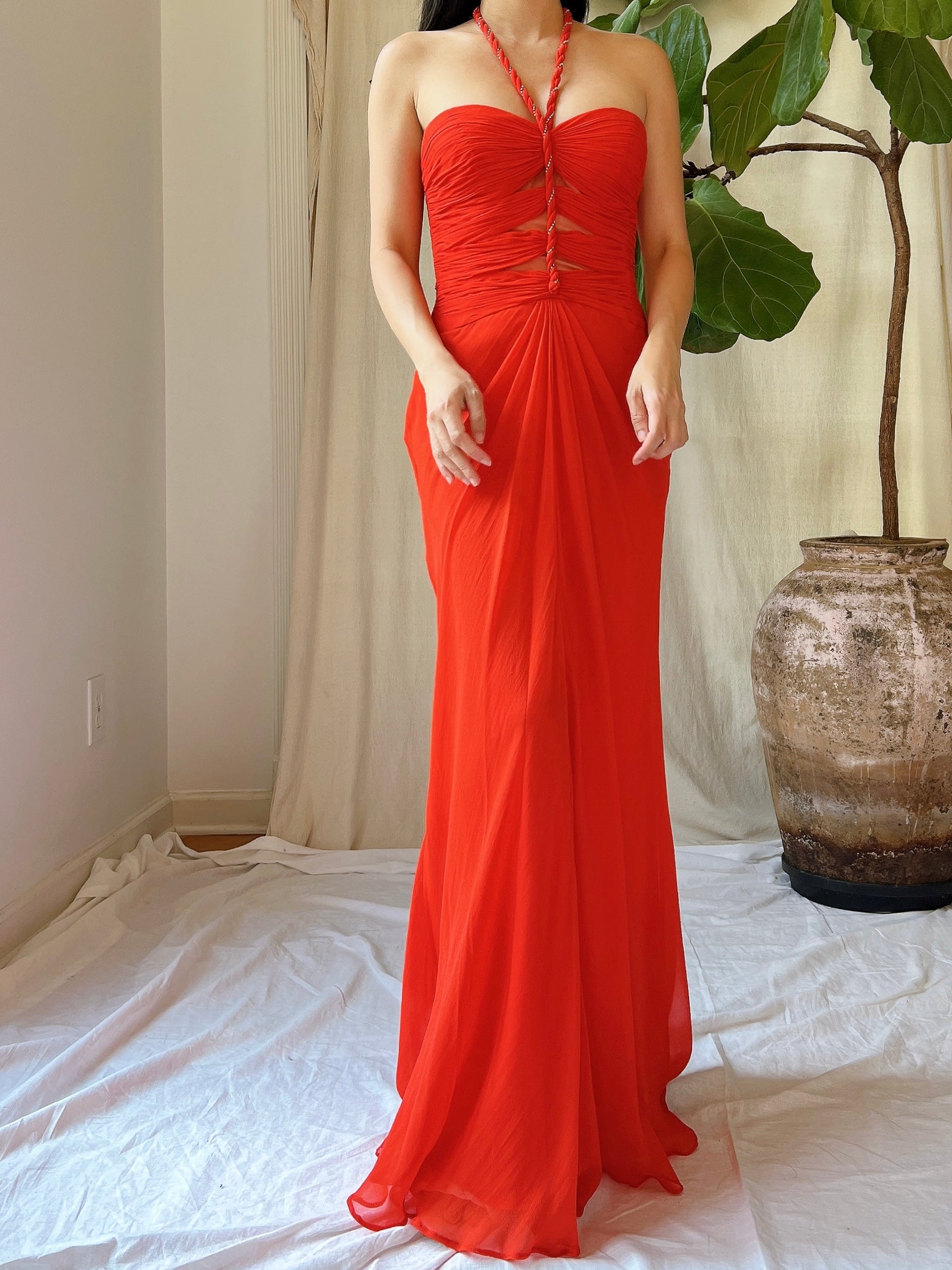 Vintage Silk Coral Cutout Bodice Gown - XS