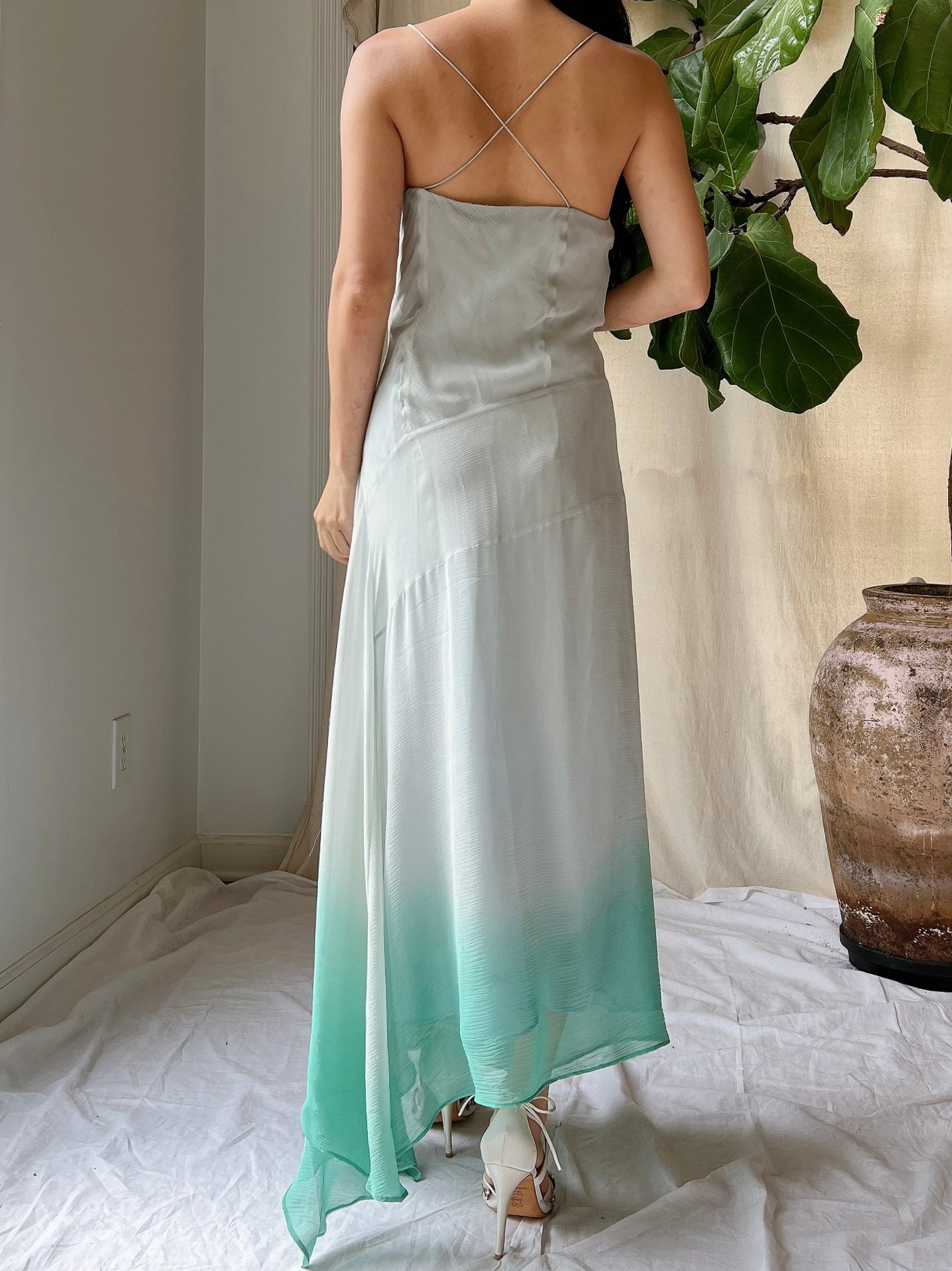 Vintage Light Blue Ombre Silk Chiffon Bias Cut Dress - M/L