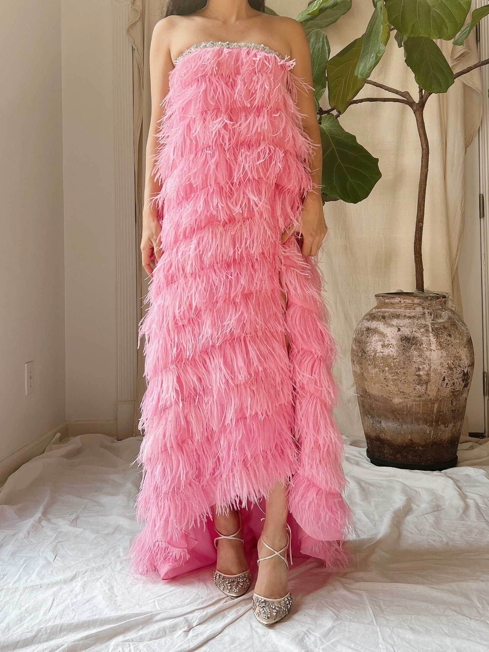 Pink Feather Tiered Dress - S-L