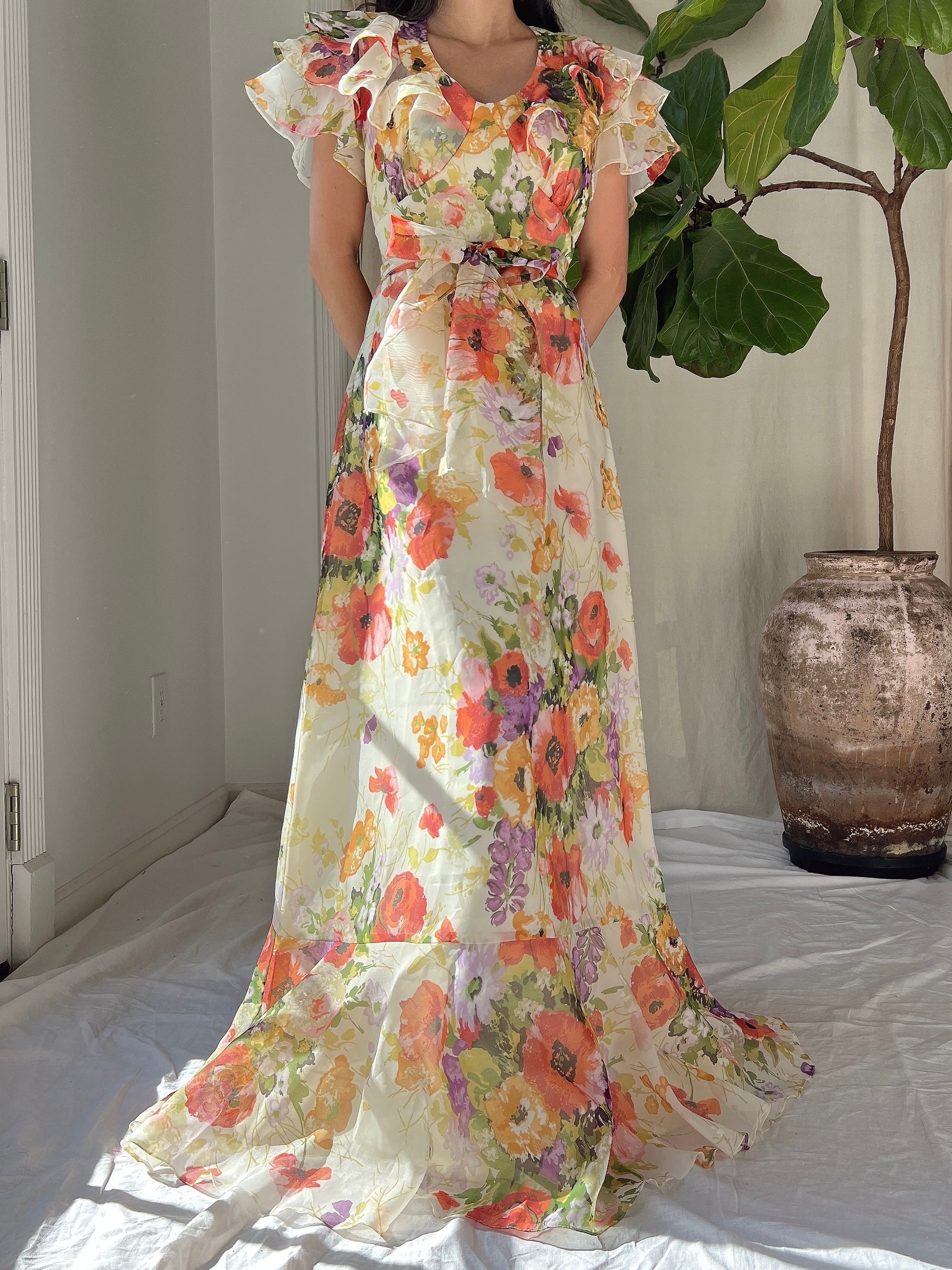 Vintage Floral Voile Dress - S