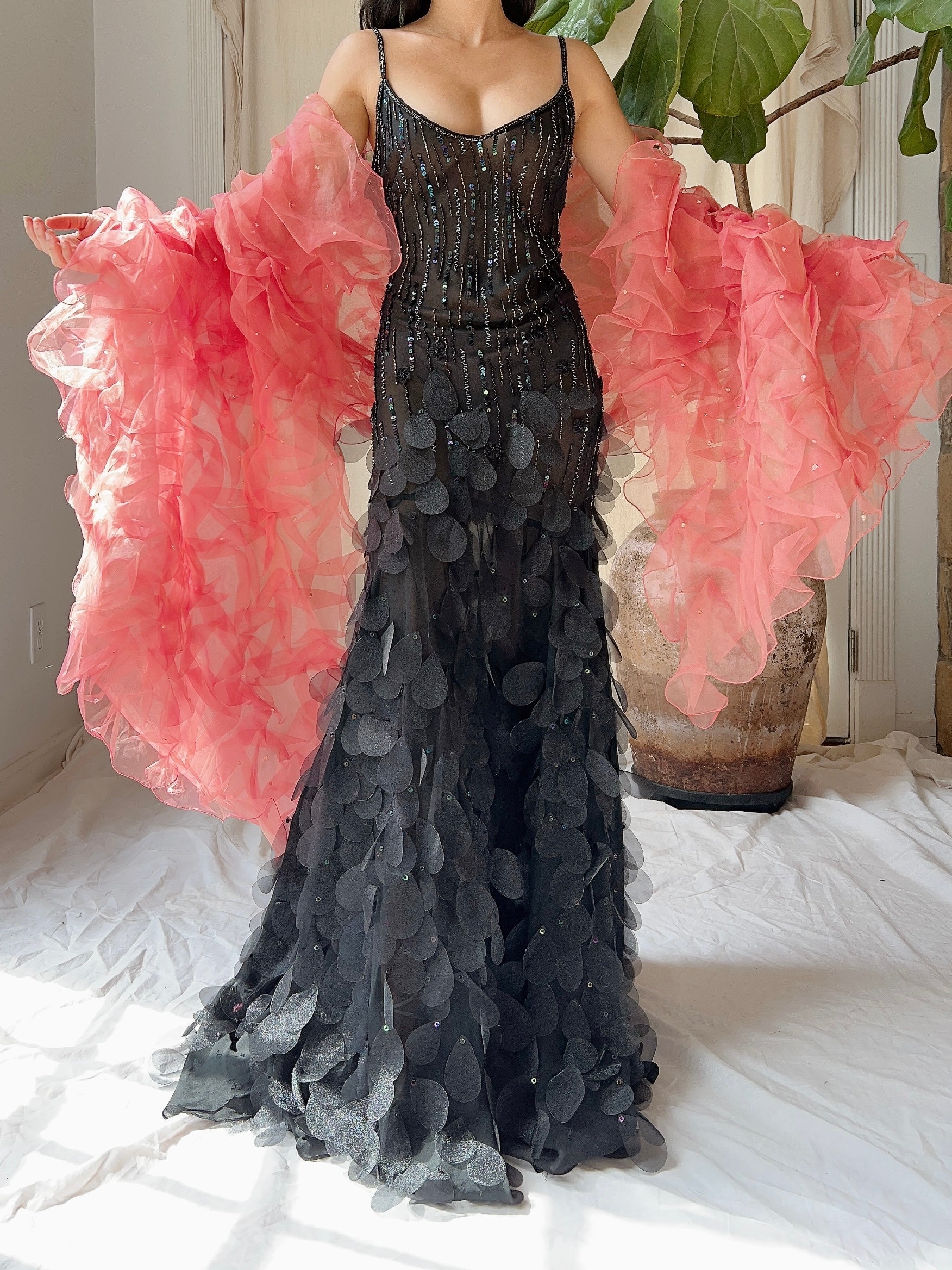 Vintage Organza Coral Ruche Shawl - OSFA