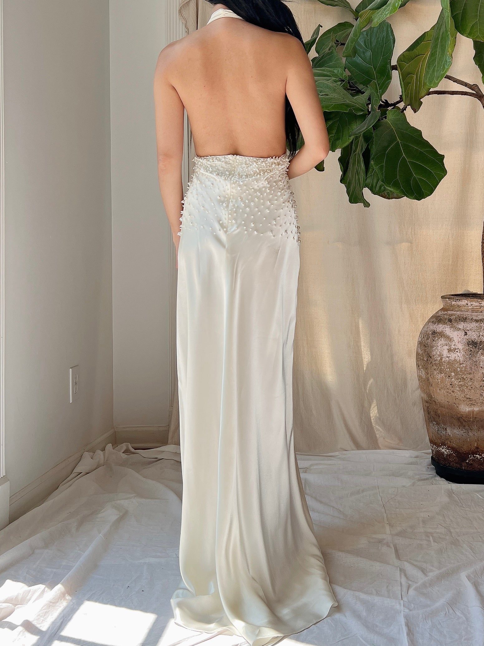 Vintage Pearl Beaded Satin Dress - M/8