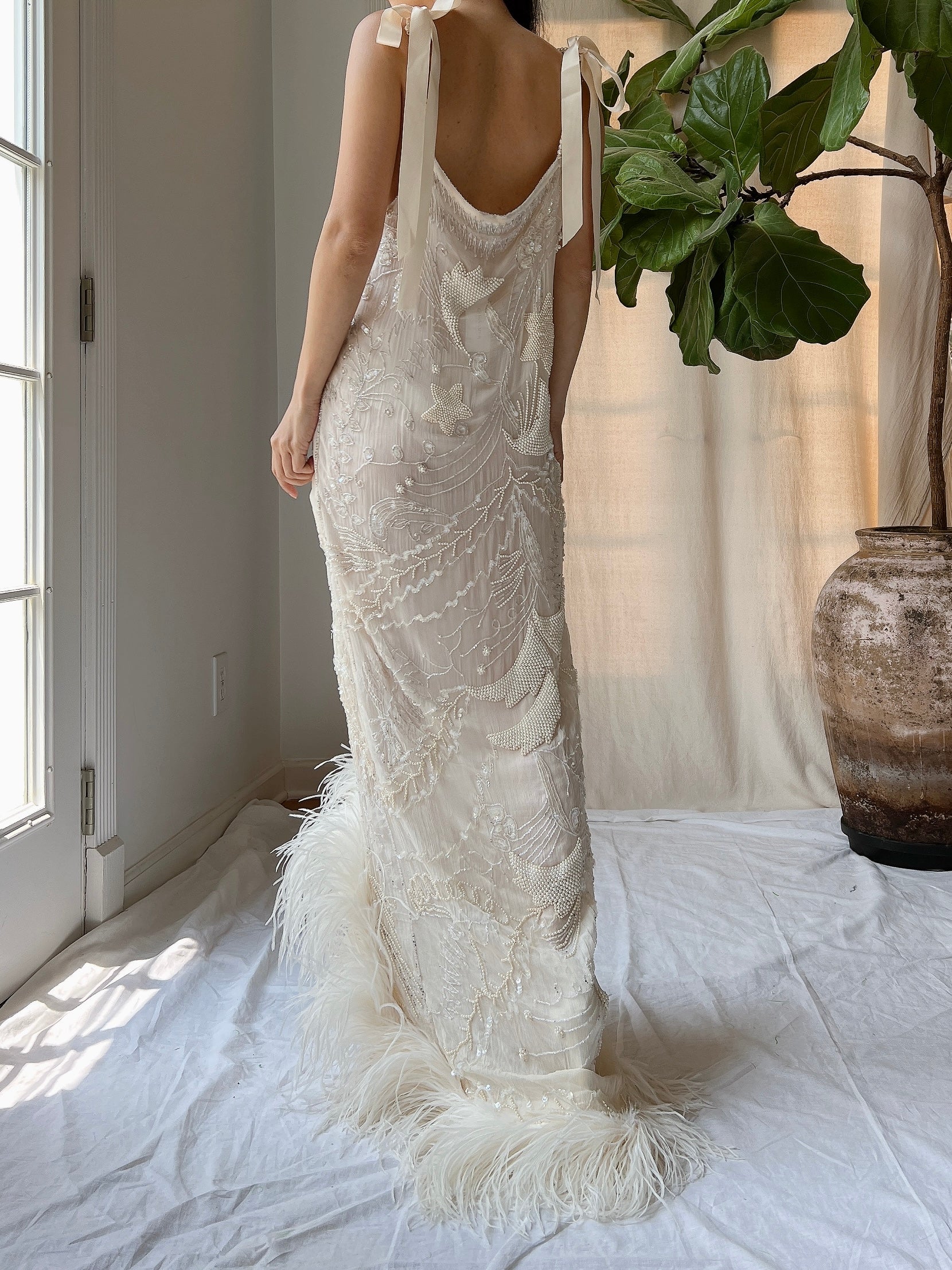 Vintage Silk Pearl Beaded Gown - M/L