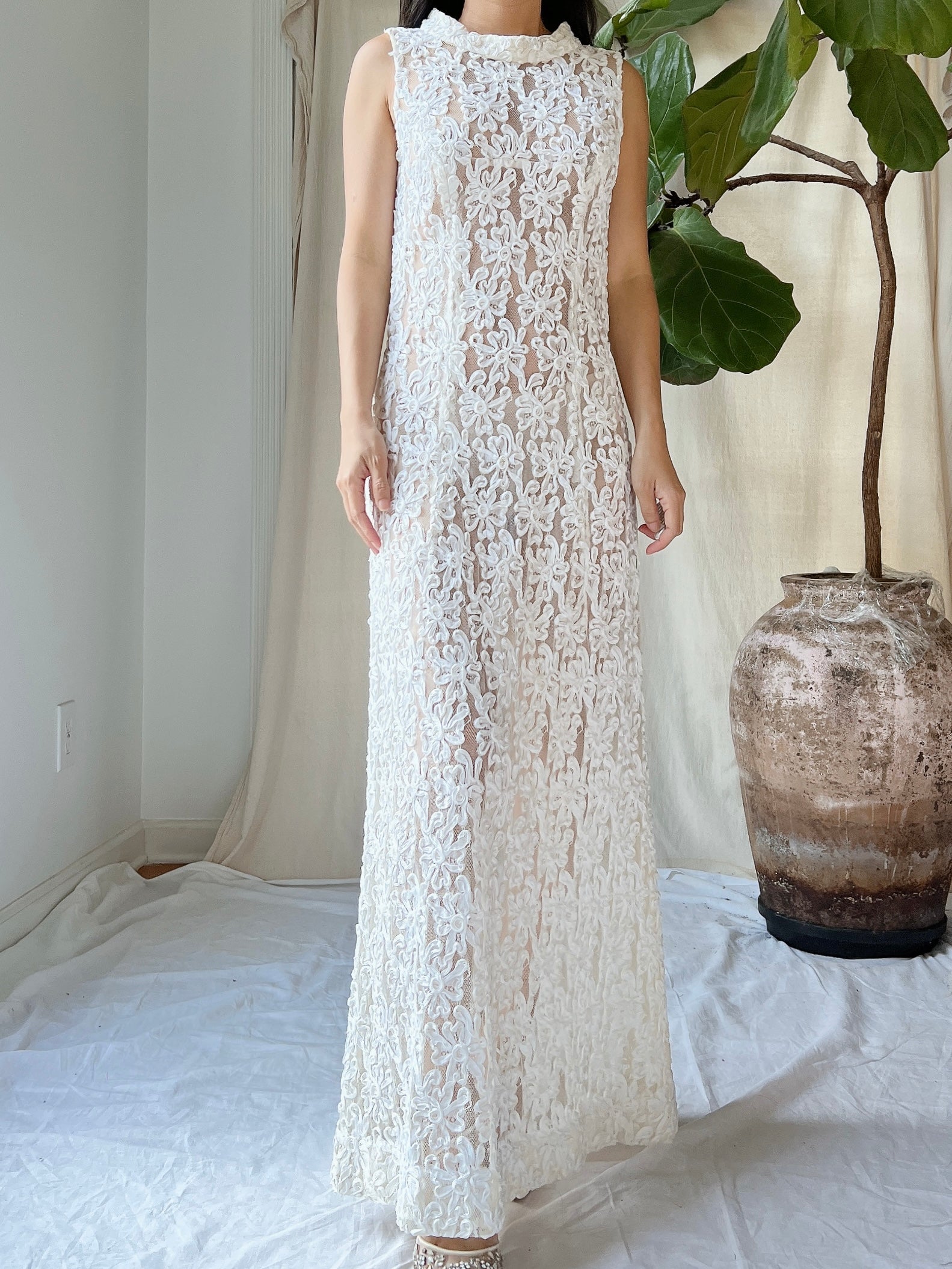 1960s Sheer Soutache Floral Dress - M