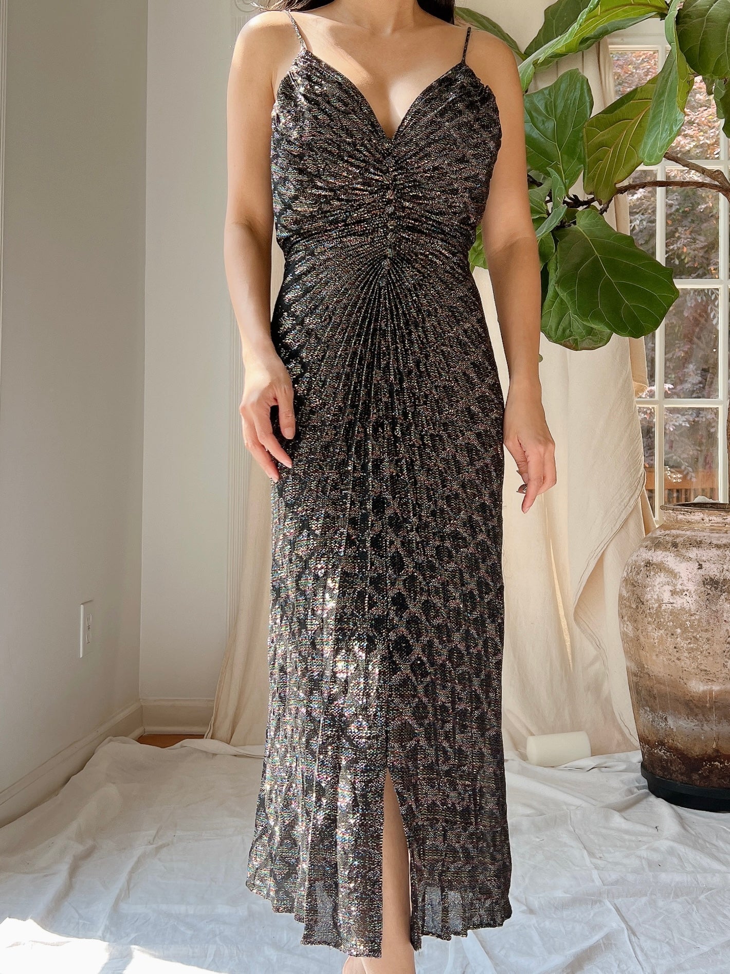 1980s Pleated Lurex Dress - M