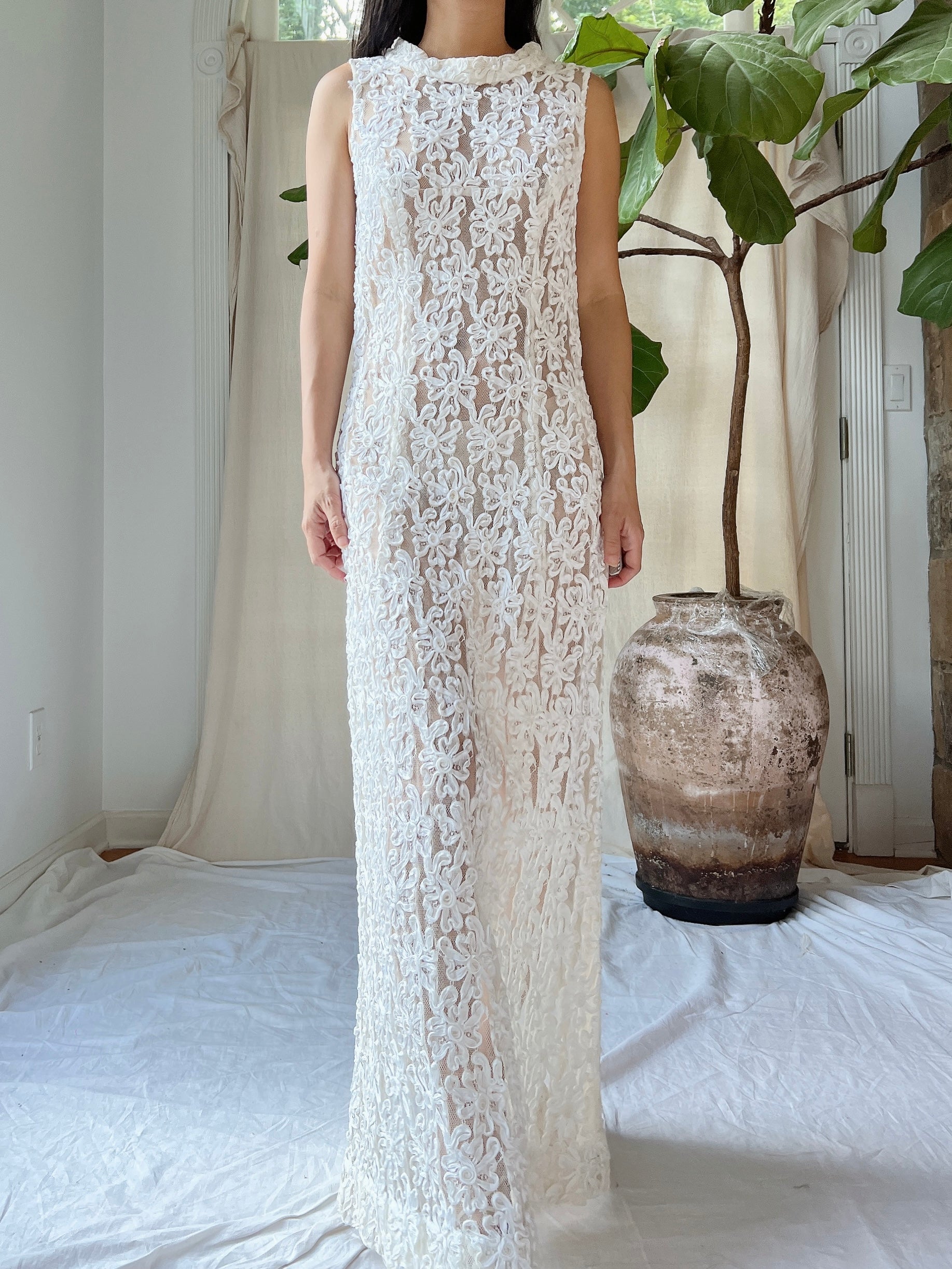 1960s Sheer Soutache Floral Dress - M