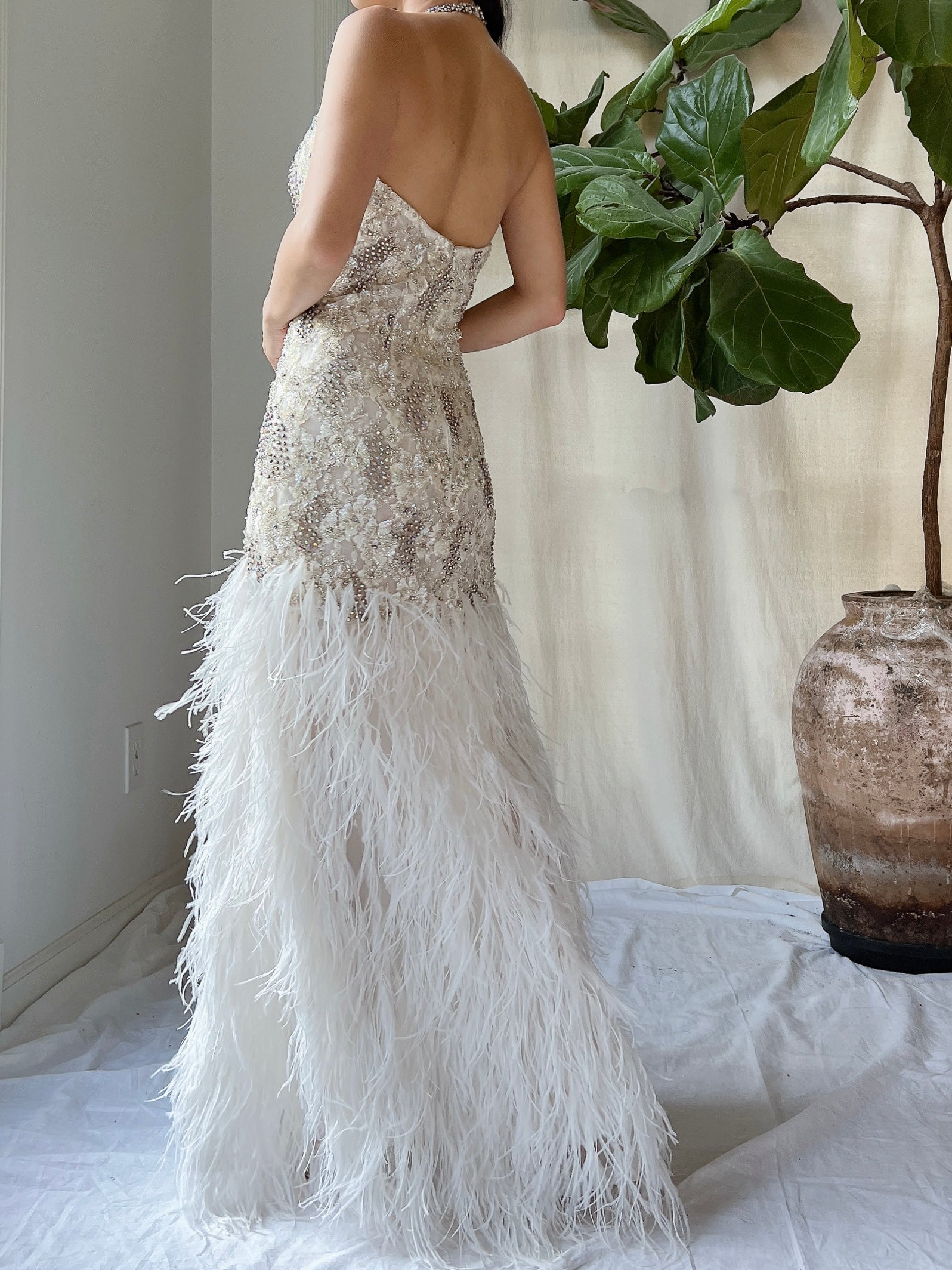 1990s Crystal Lace and Feather Gown - XS