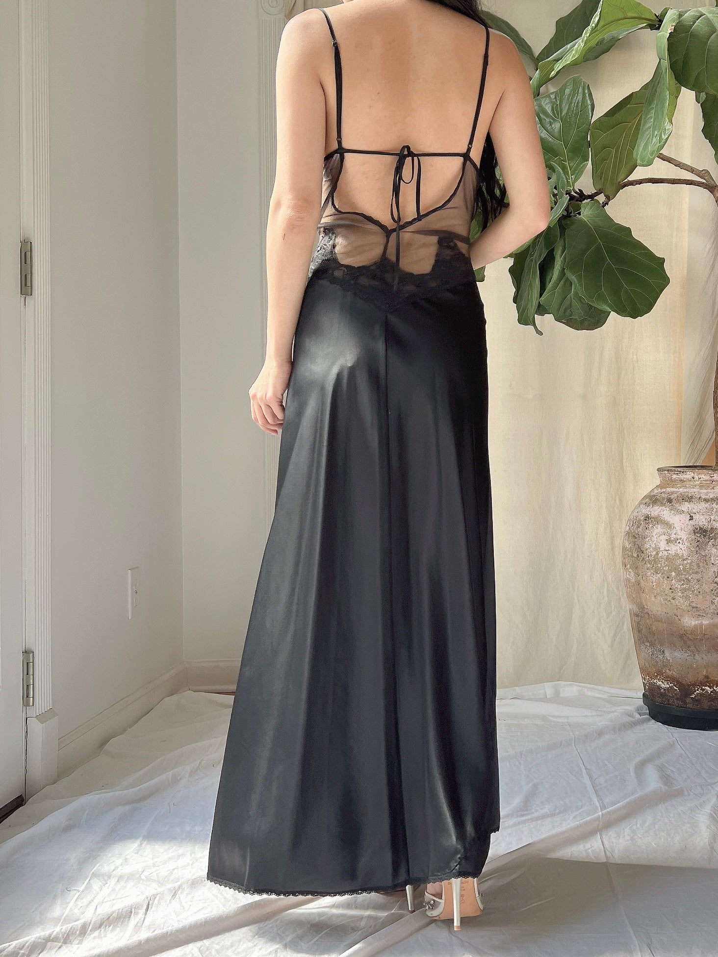 Vintage Black Satin Slip Dress - M