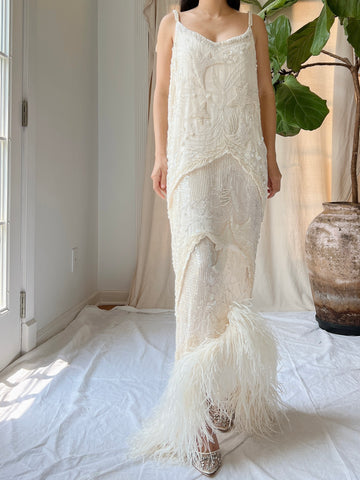 Vintage Silk Pearl Beaded Gown - M/L