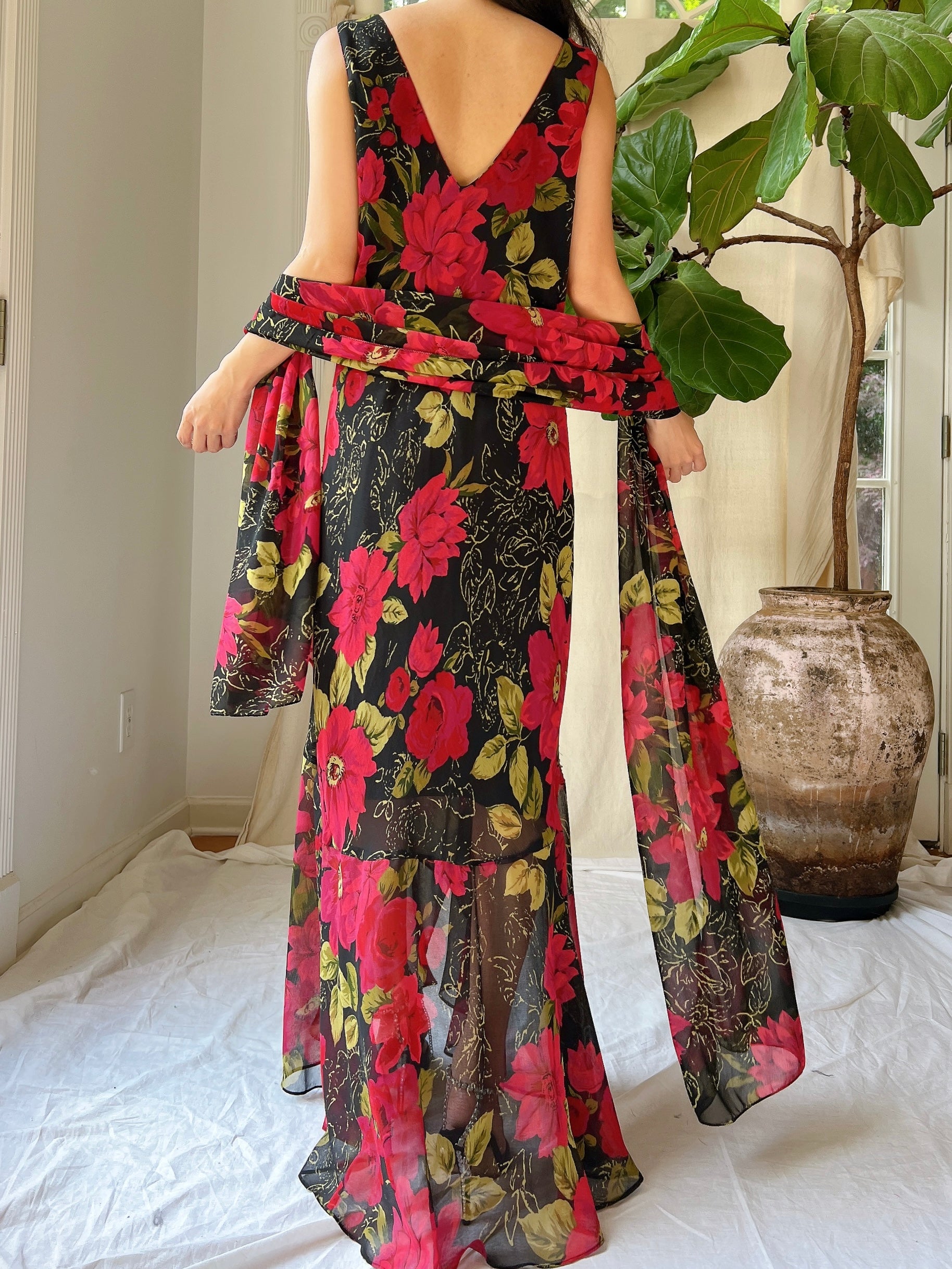 1980s Silk Chiffon Floral Dress - M