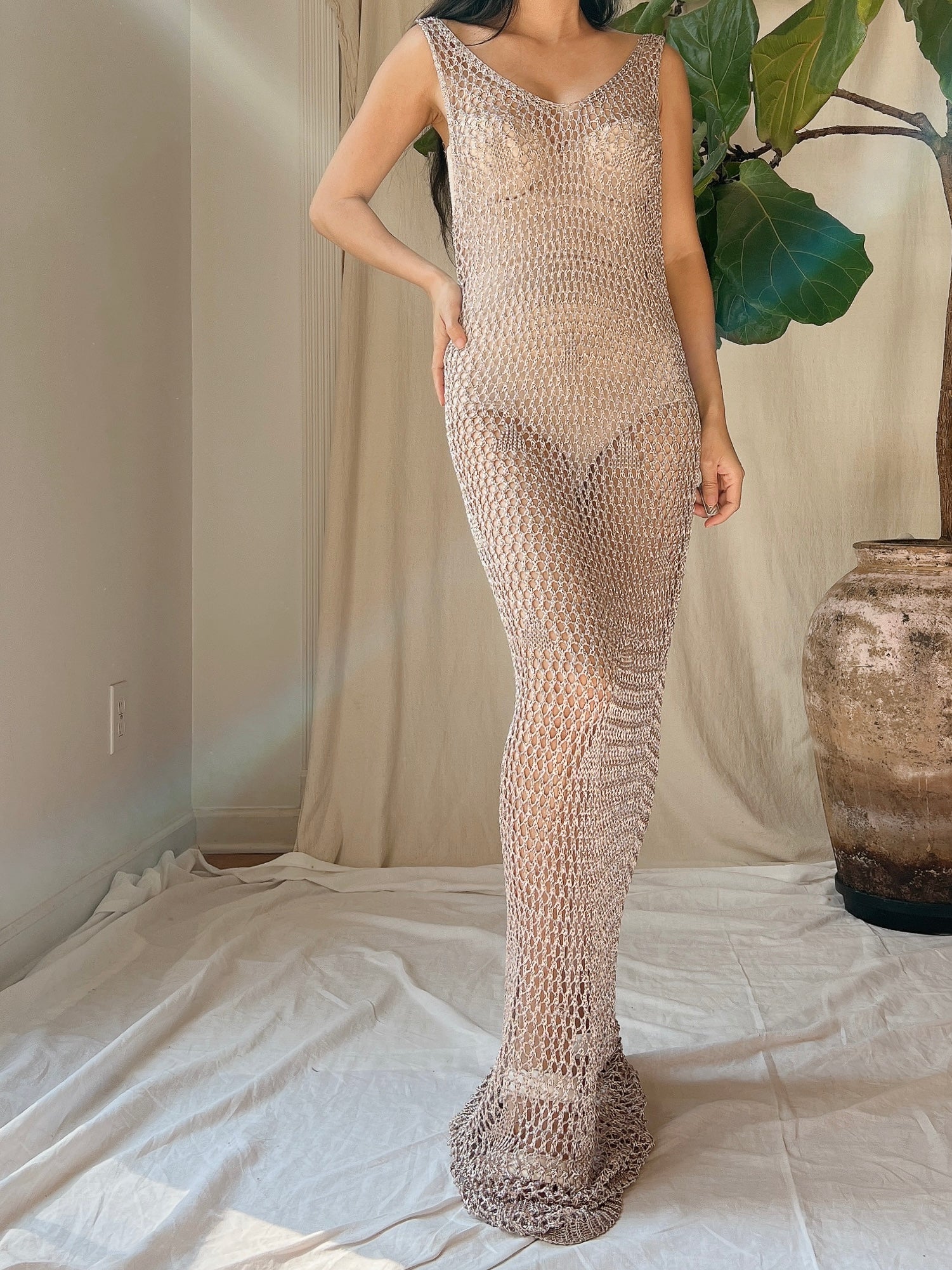 Y2K Pewter Mesh Crochet Gown - OSFM
