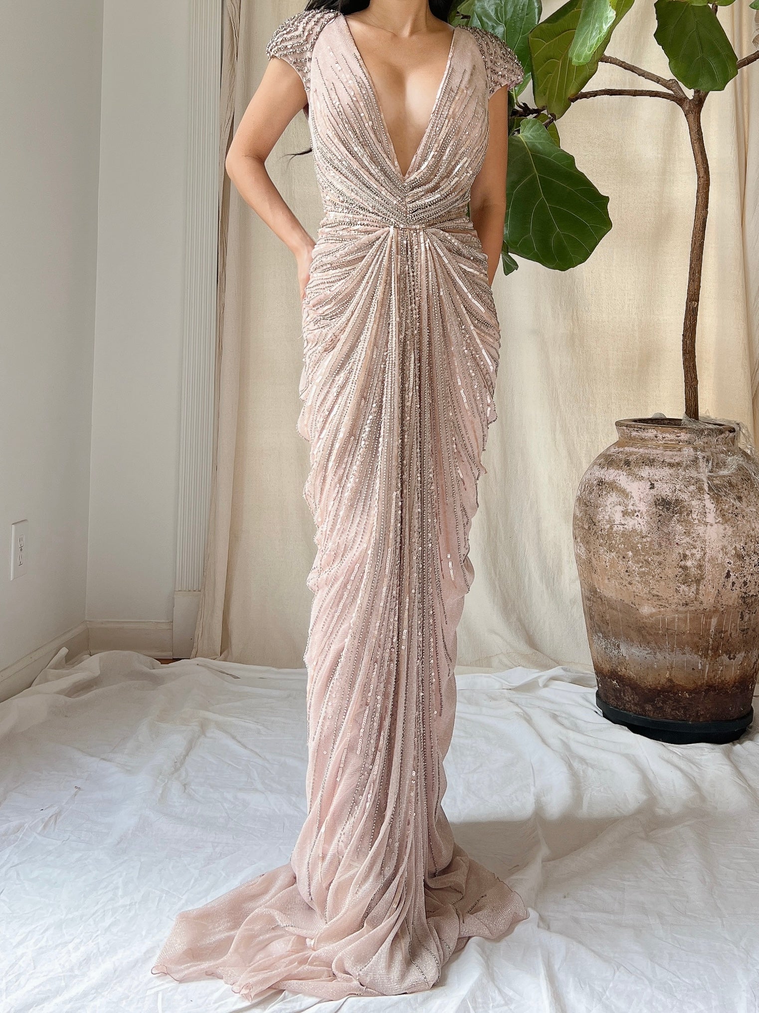 Duster Rose Alberto Makali Beaded Draped Dress - M/8-10