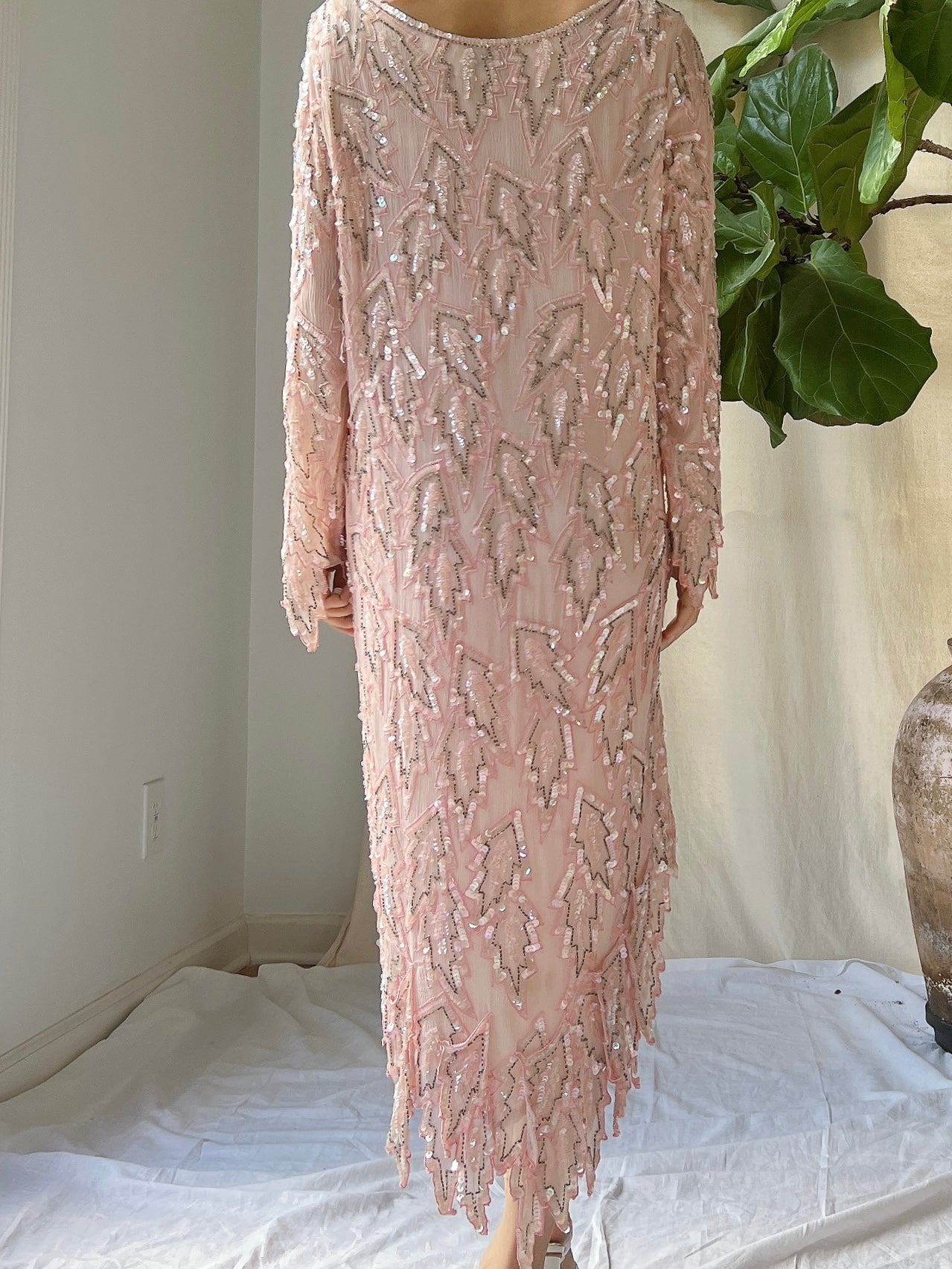 1980s Silk Pink Leaf Dress - M