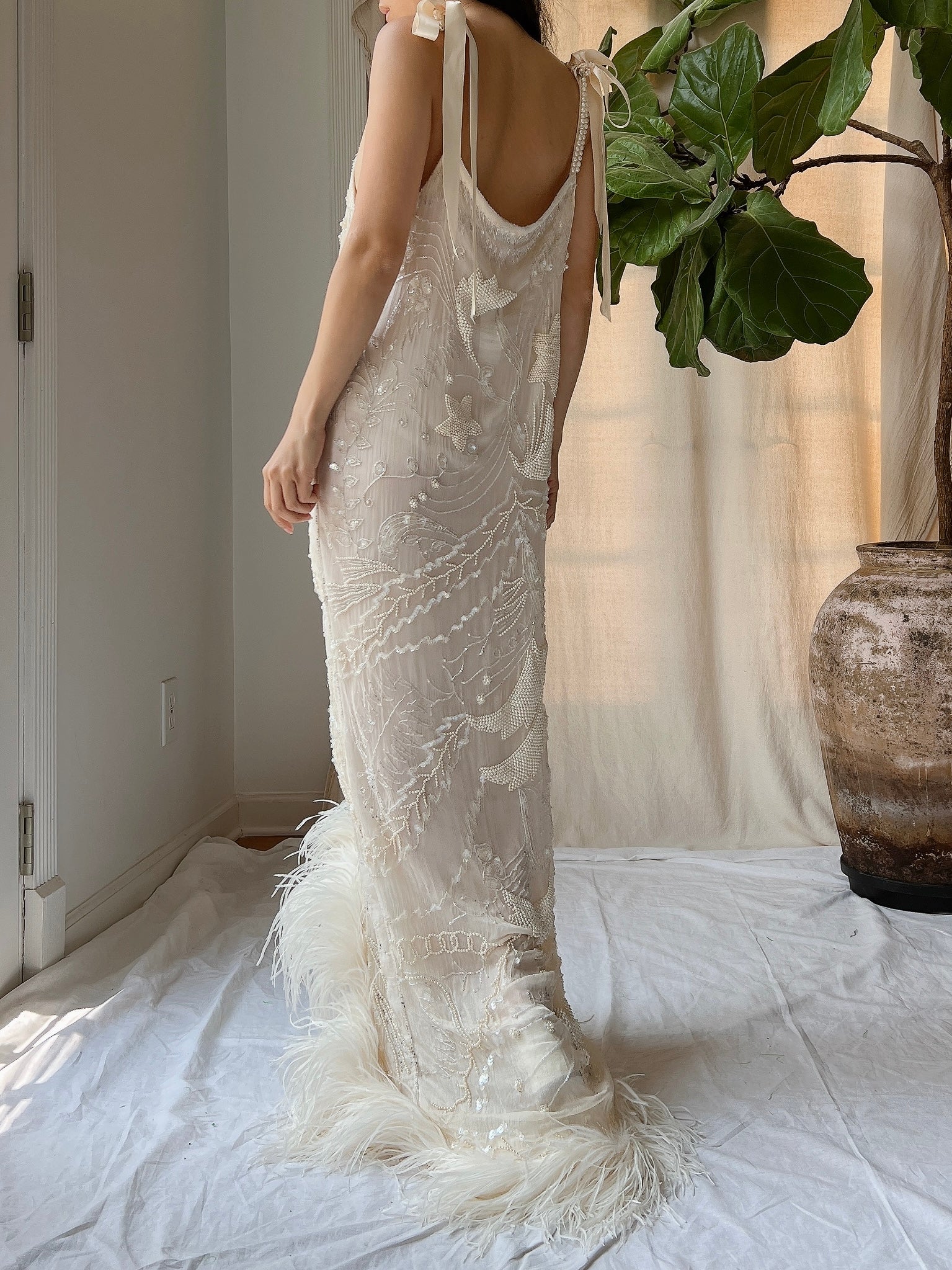 Vintage Silk Pearl Beaded Gown - M/L