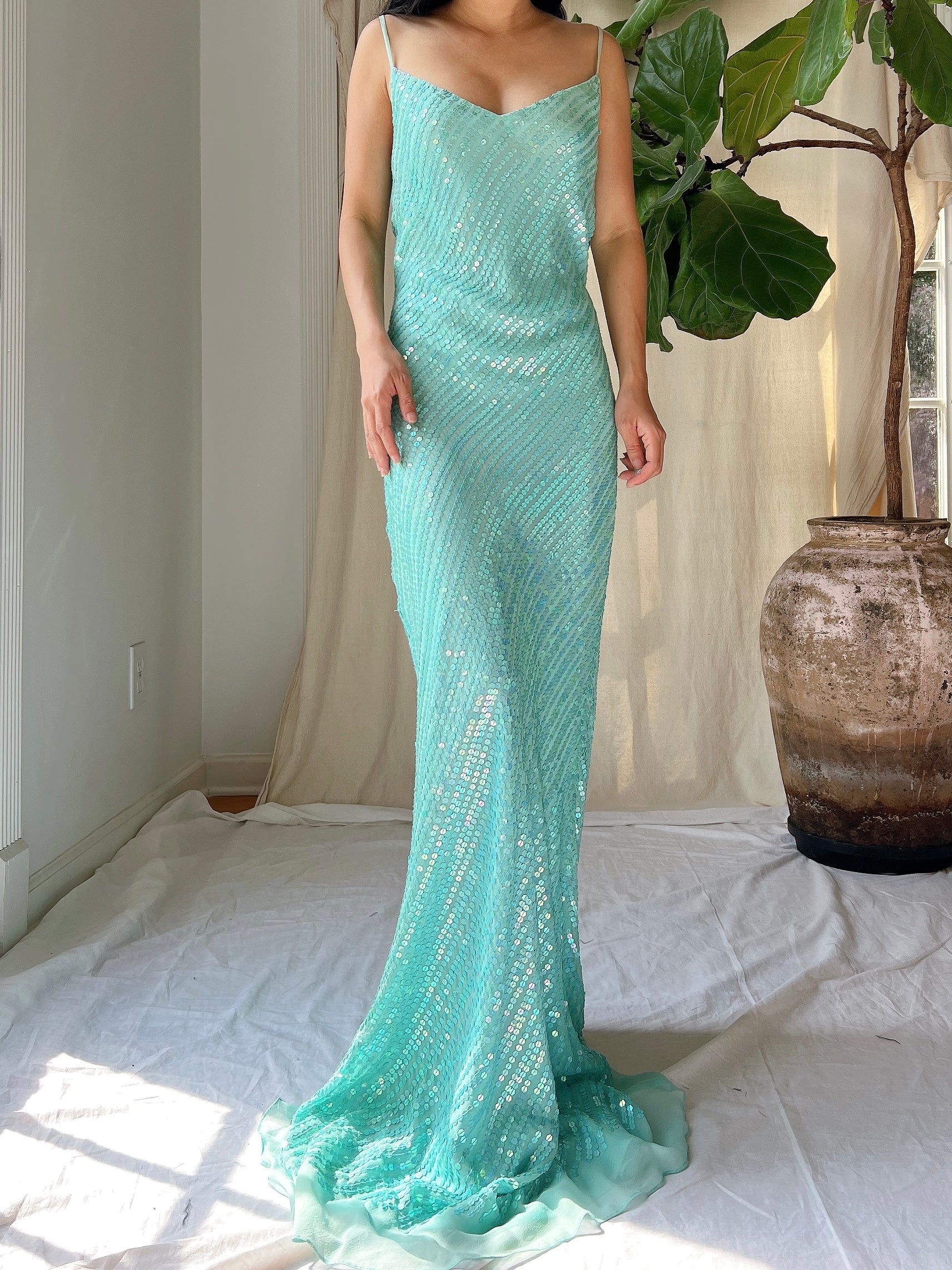 Vintage Silk Sequins Bias Cut Gown - M/L