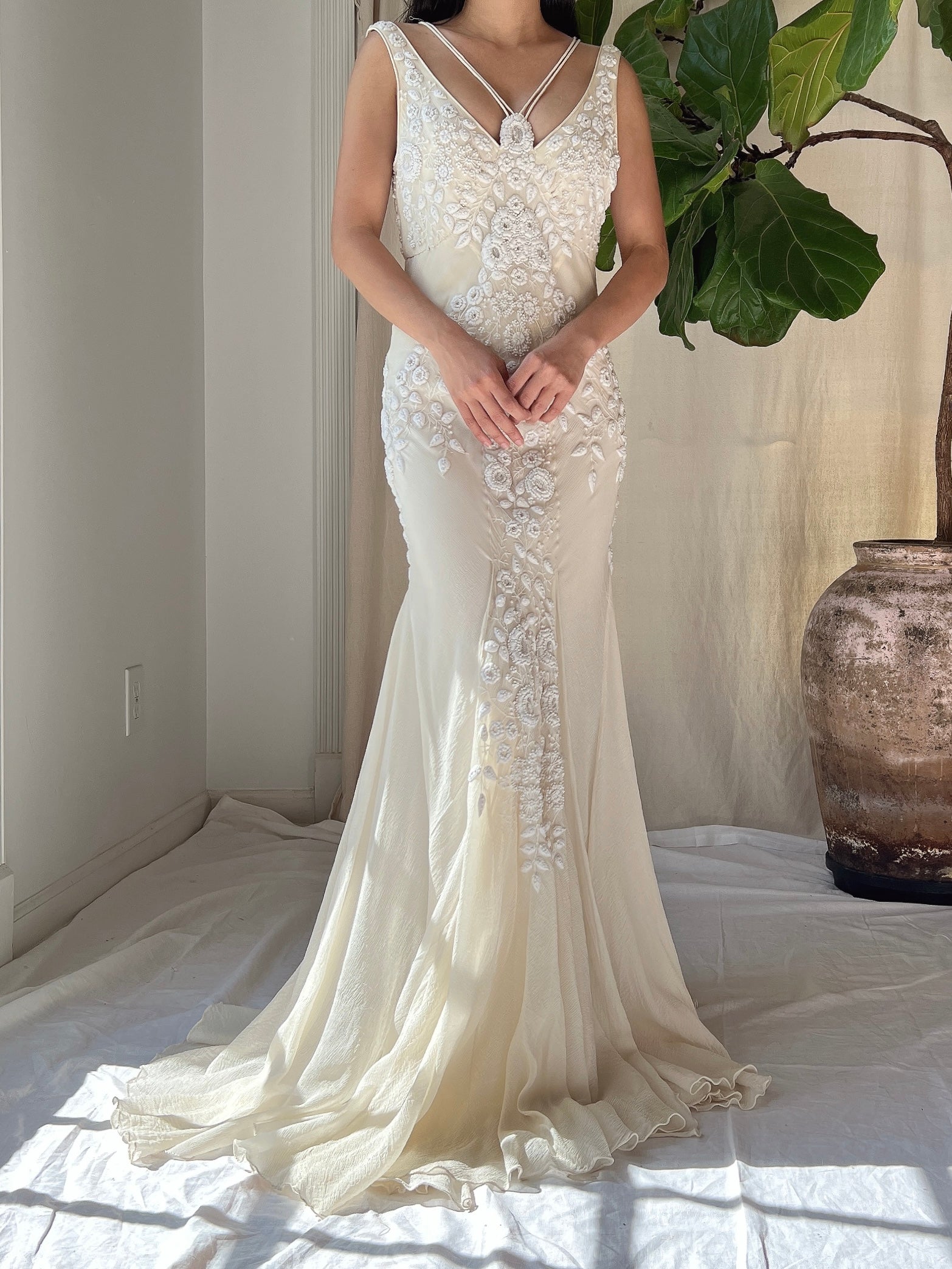 Vintage Silk Embroidered Bias Cut Gown - S/M