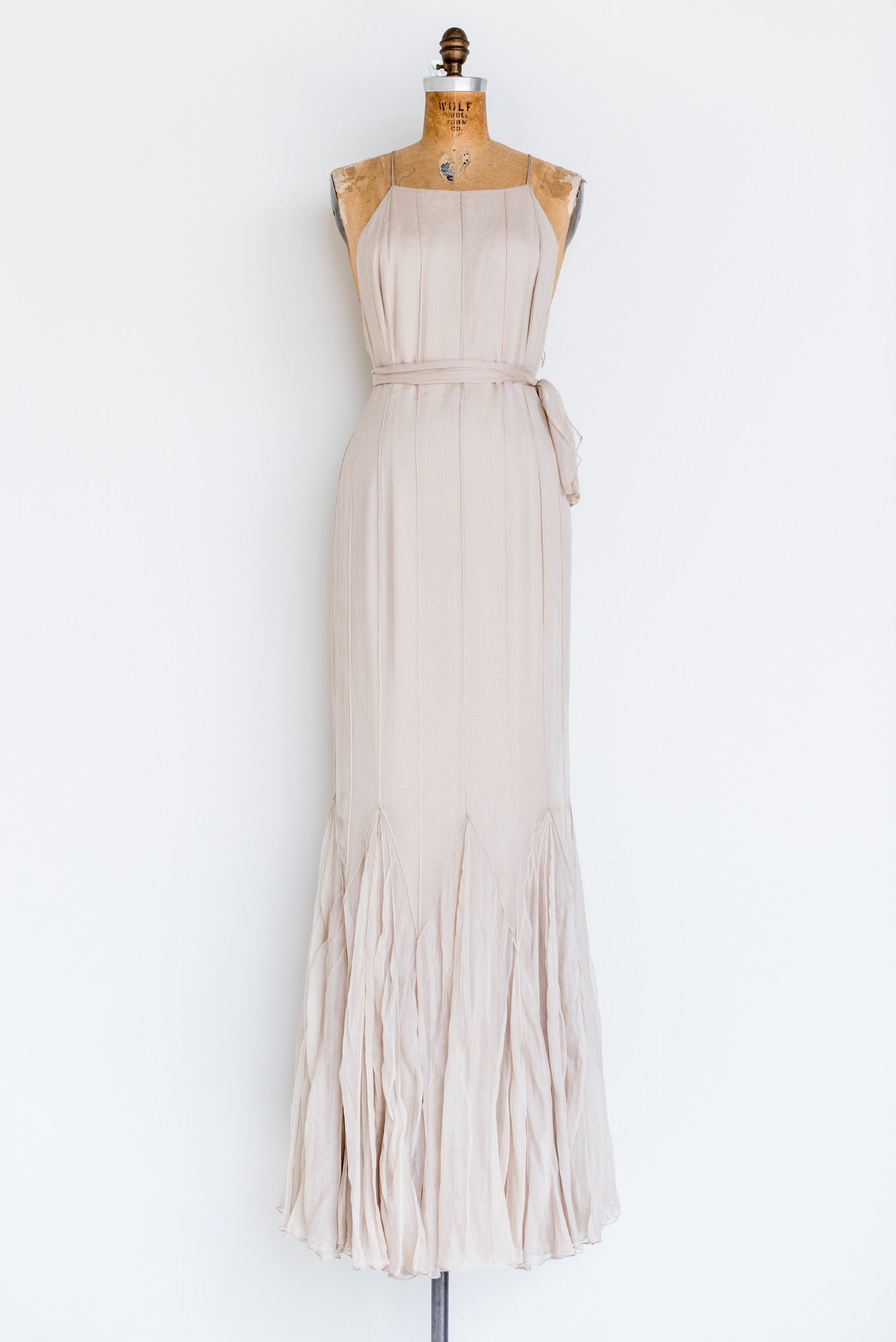 RENTAL Silk Beige Pintuck Halter Gown - S