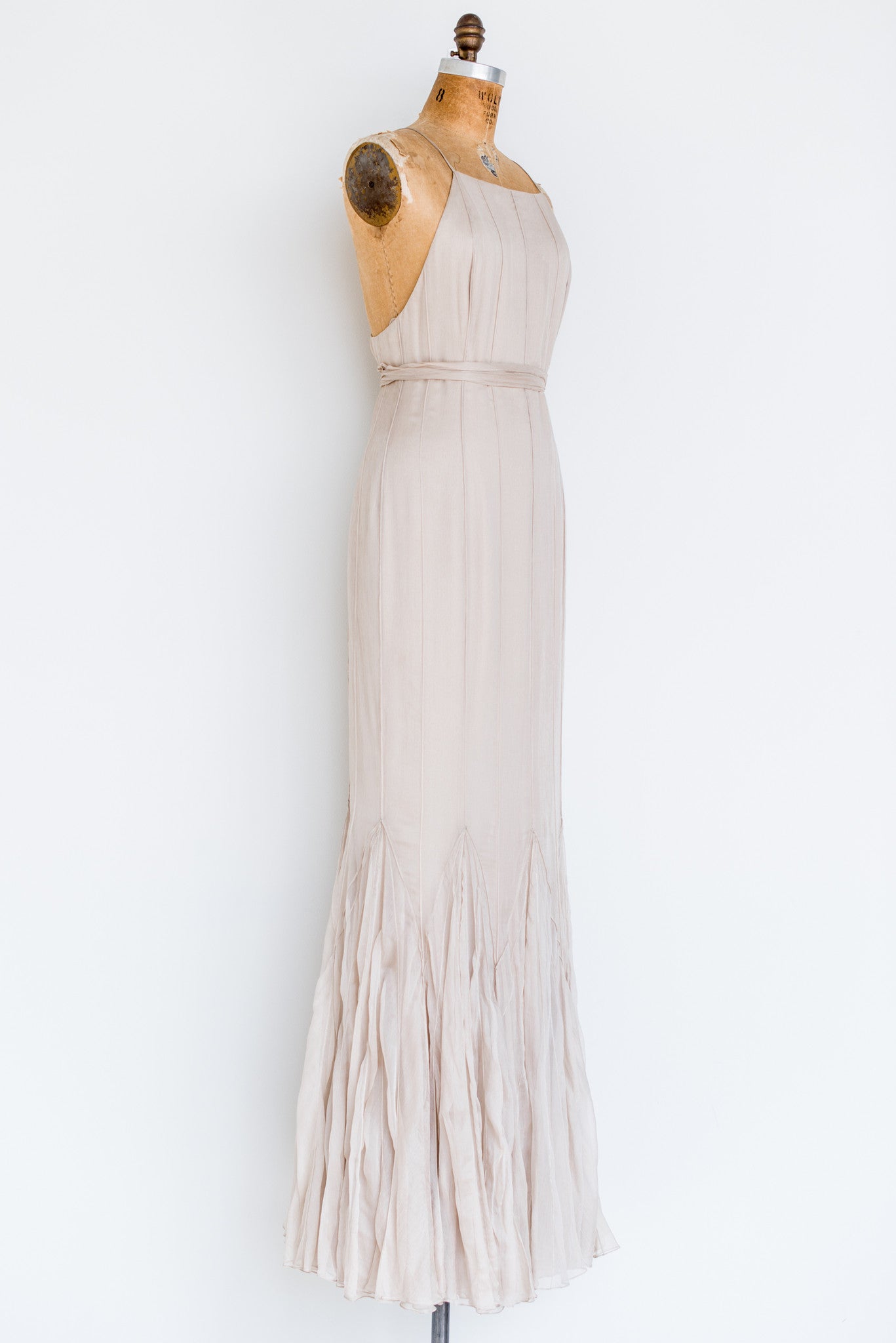RENTAL Silk Beige Pintuck Halter Gown - S