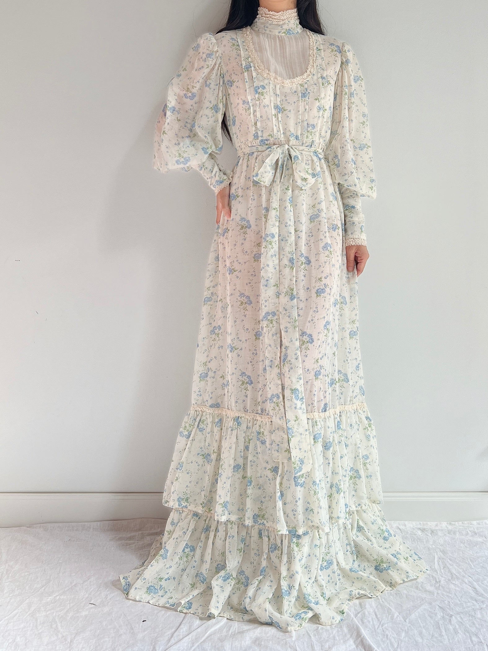 1970s Puff Sleeve Cotton Calico Dress - M