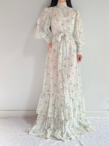 1970s Puff Sleeve Cotton Calico Dress - M