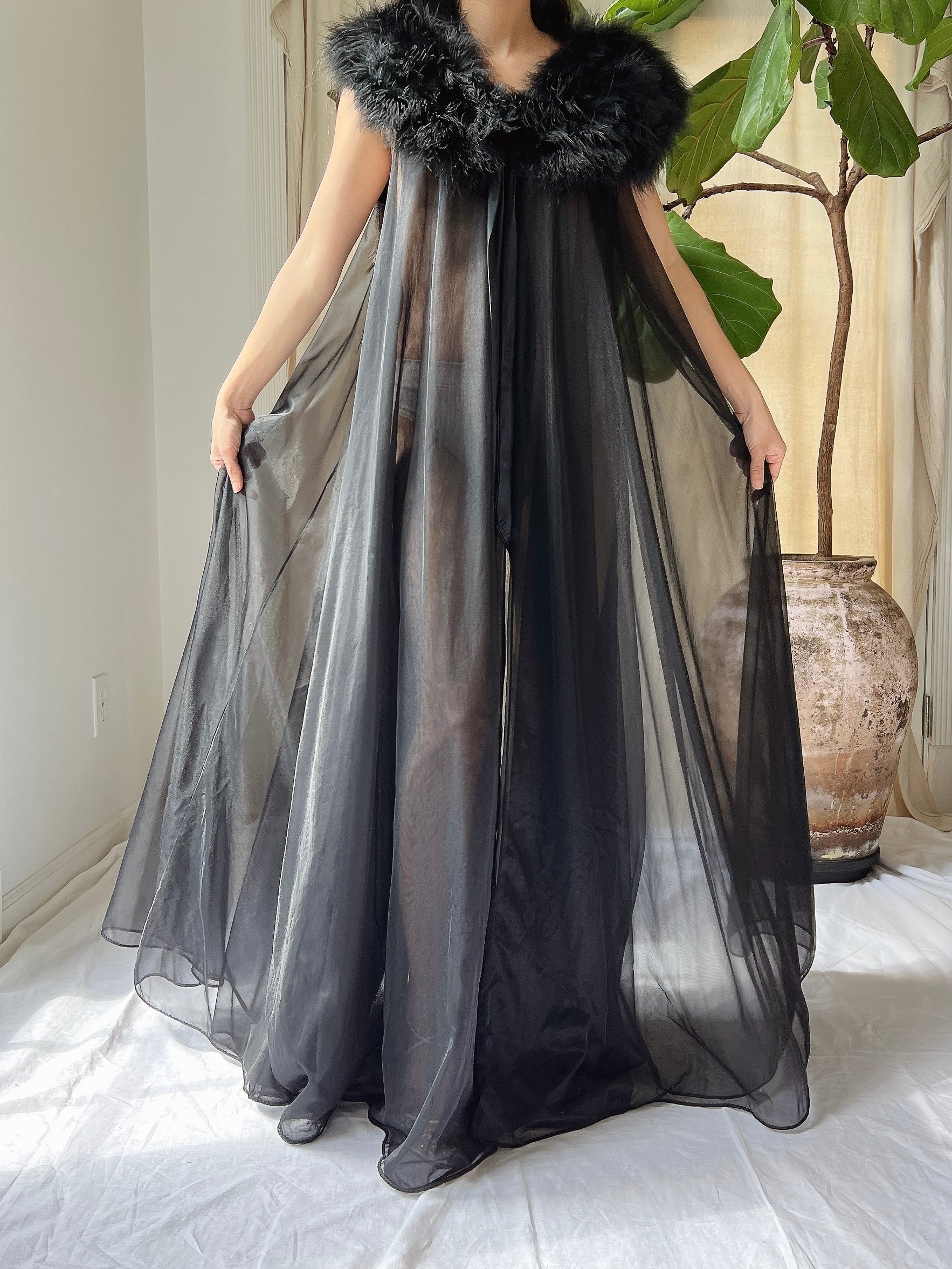 Vintage Feather Collar Nylon Dressing Gown - OSFM