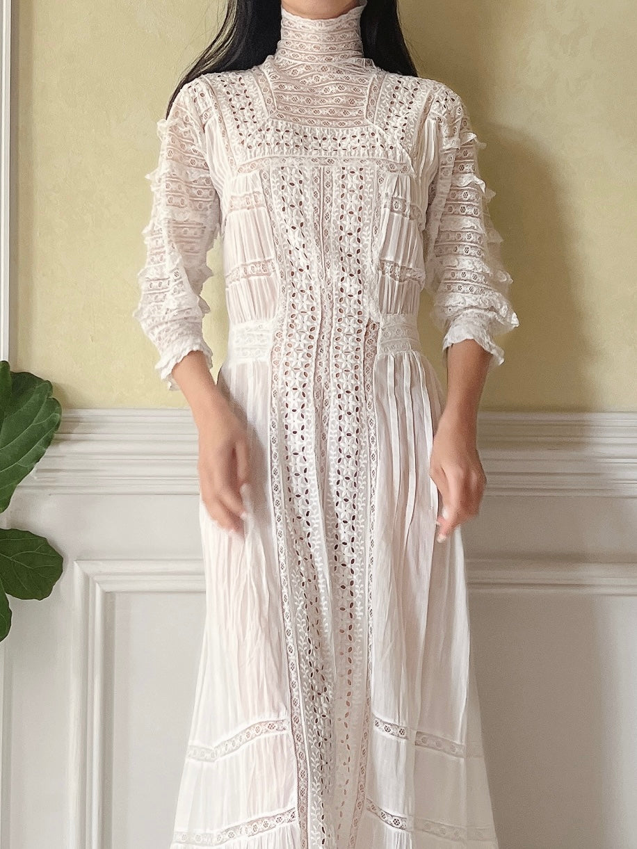 Victorian Cotton Lace and Embroidered Dress - XS